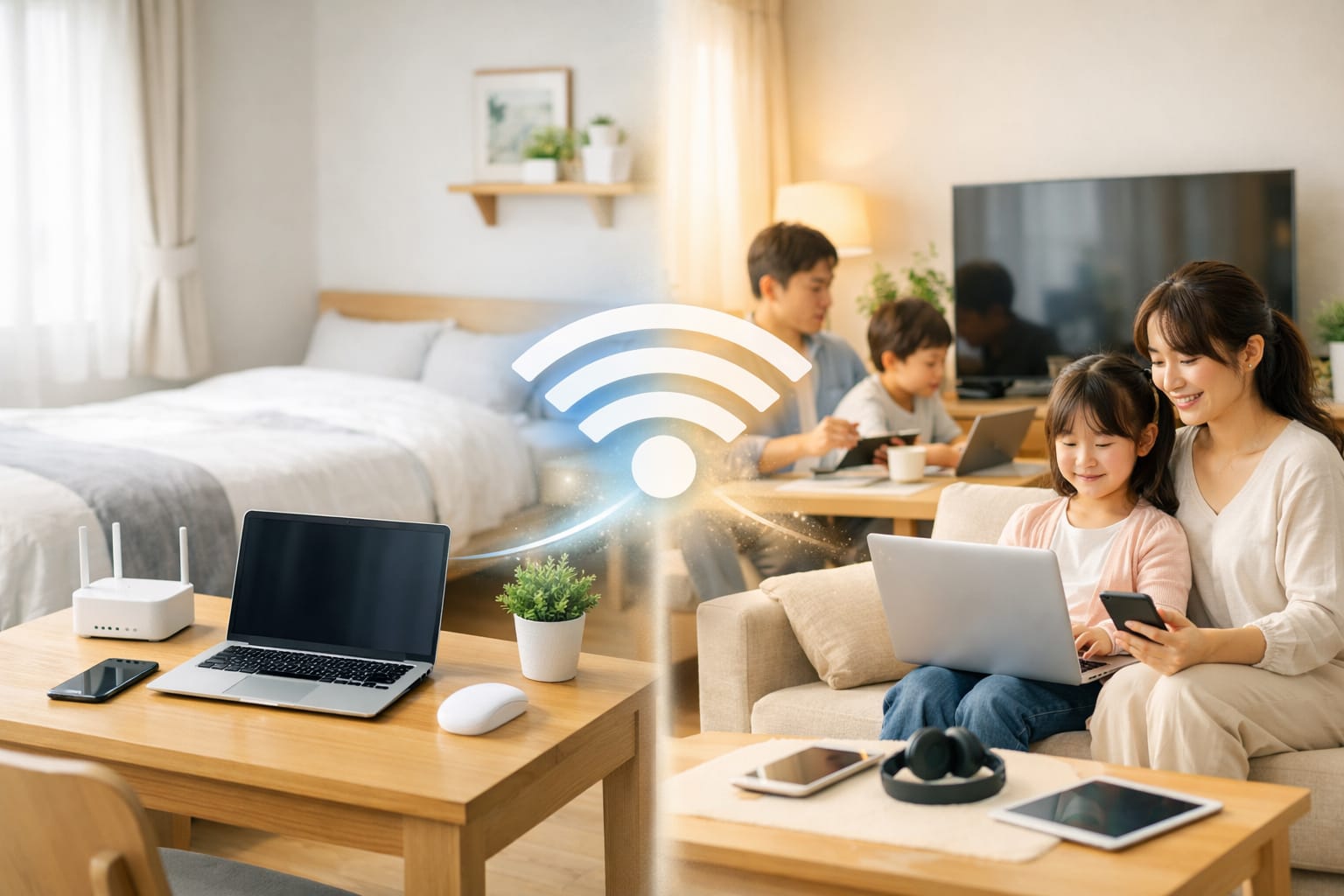 一人暮らしの部屋と家族のリビングで通信環境を比べる様子