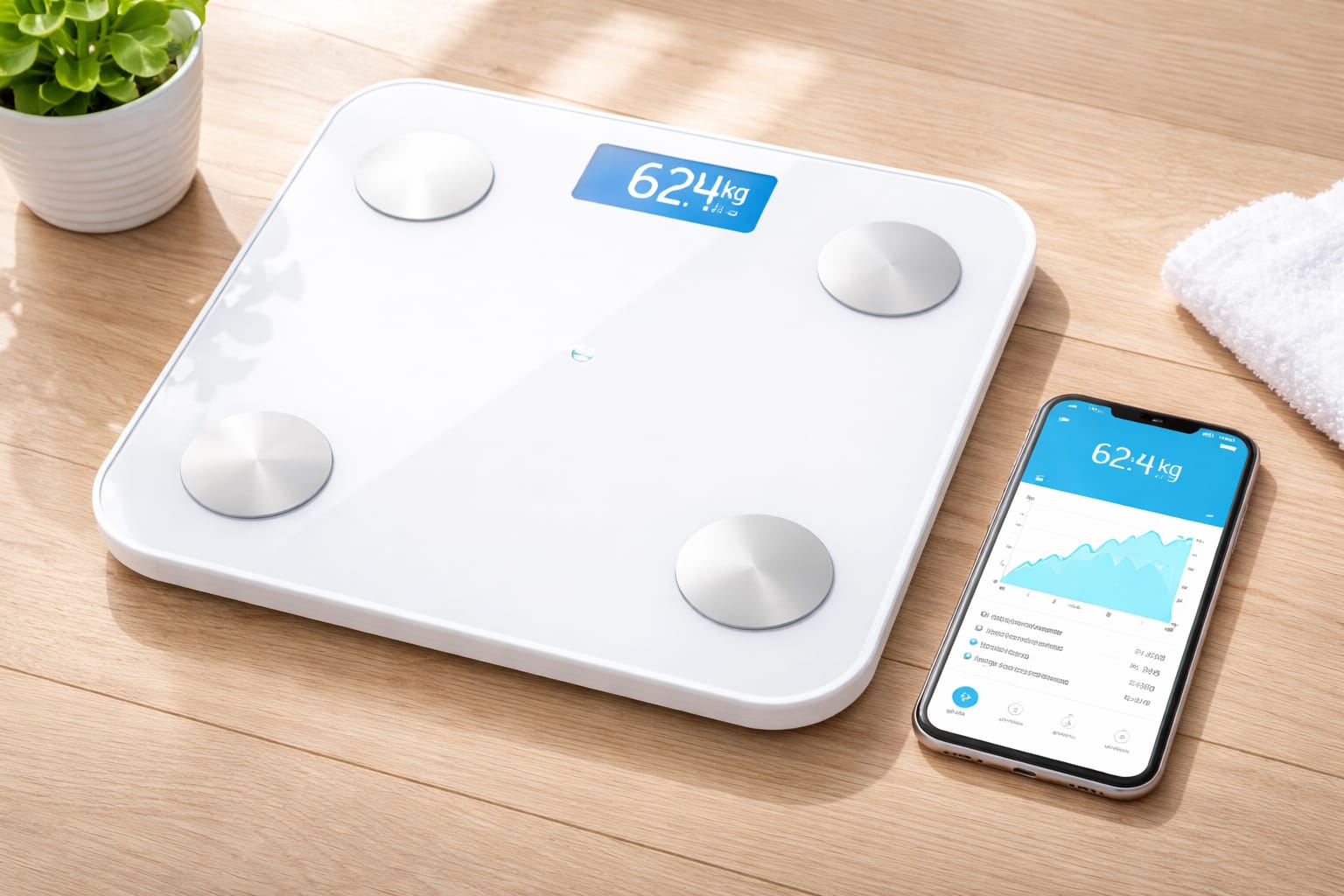 白いWi-Fi体重計とスマホがある洗面台