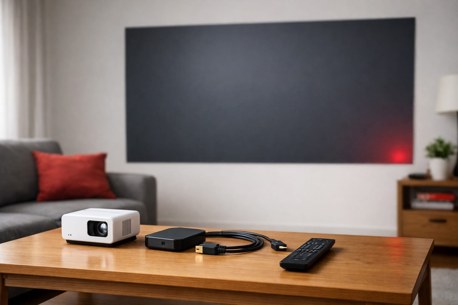 黒い投影画面と接続機器が並ぶリビングのプロジェクター