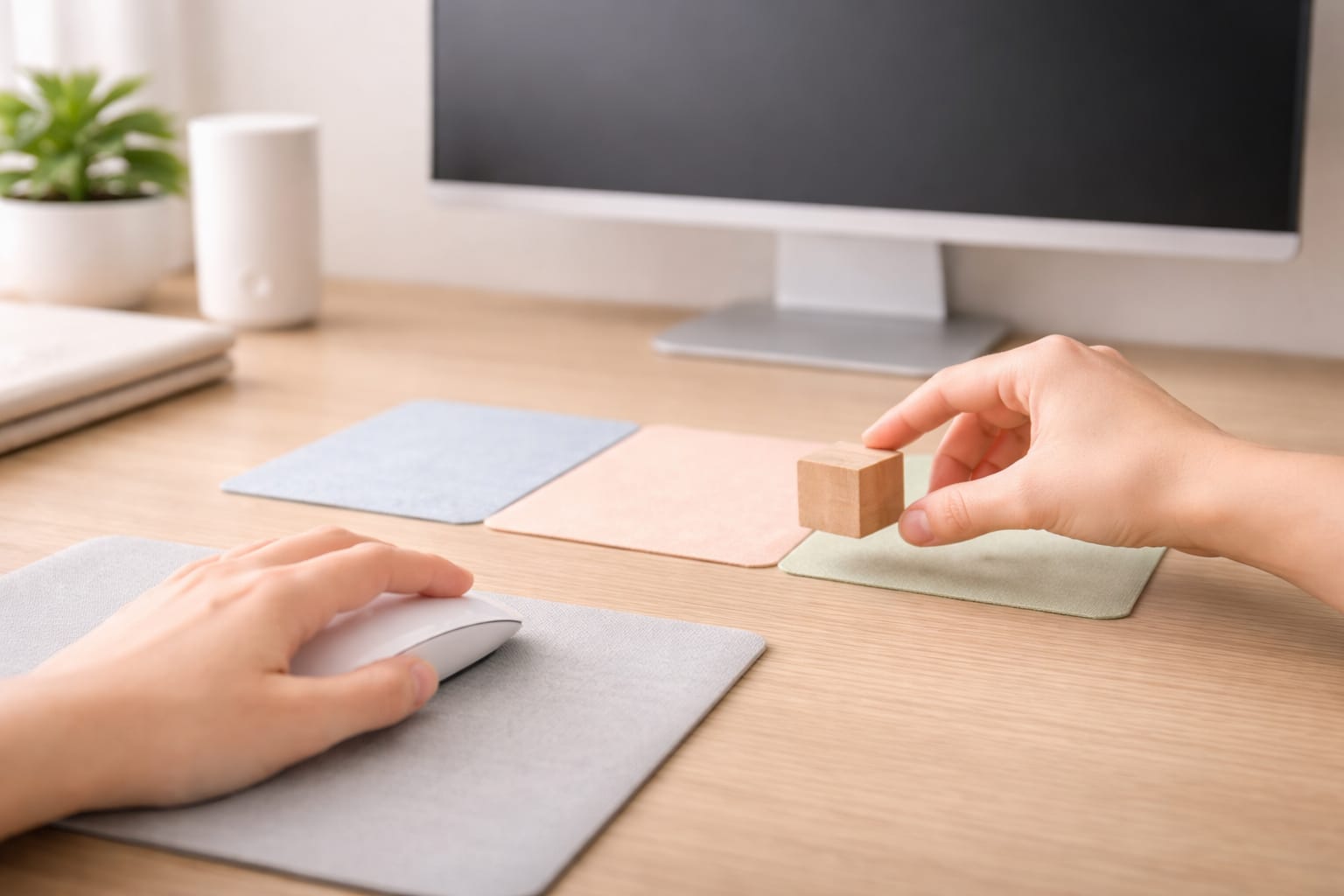 マウス操作しながら木のキューブを三色マットで移動する手元