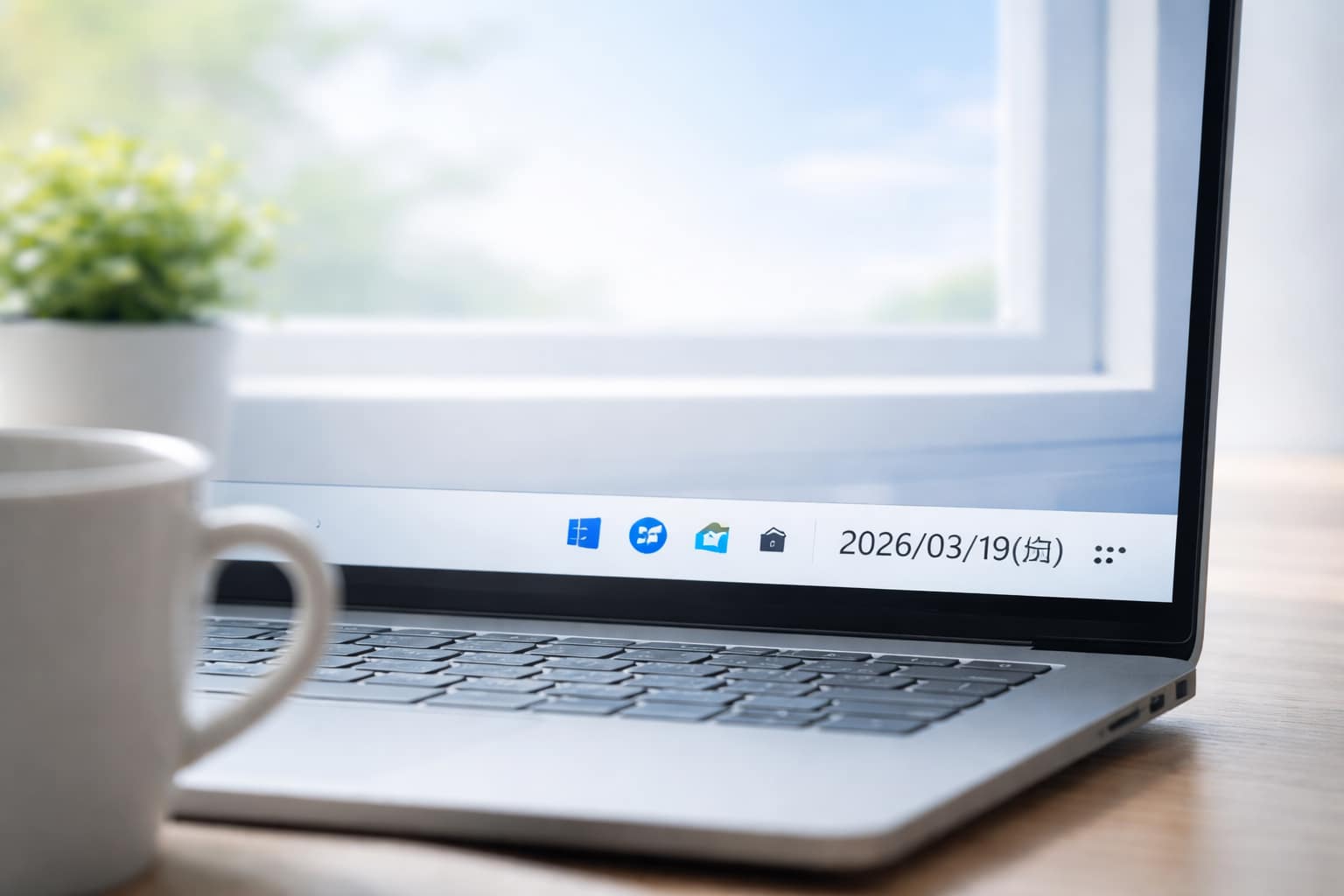 ノートPCのタスクバーに曜日付き日付が表示された画面
