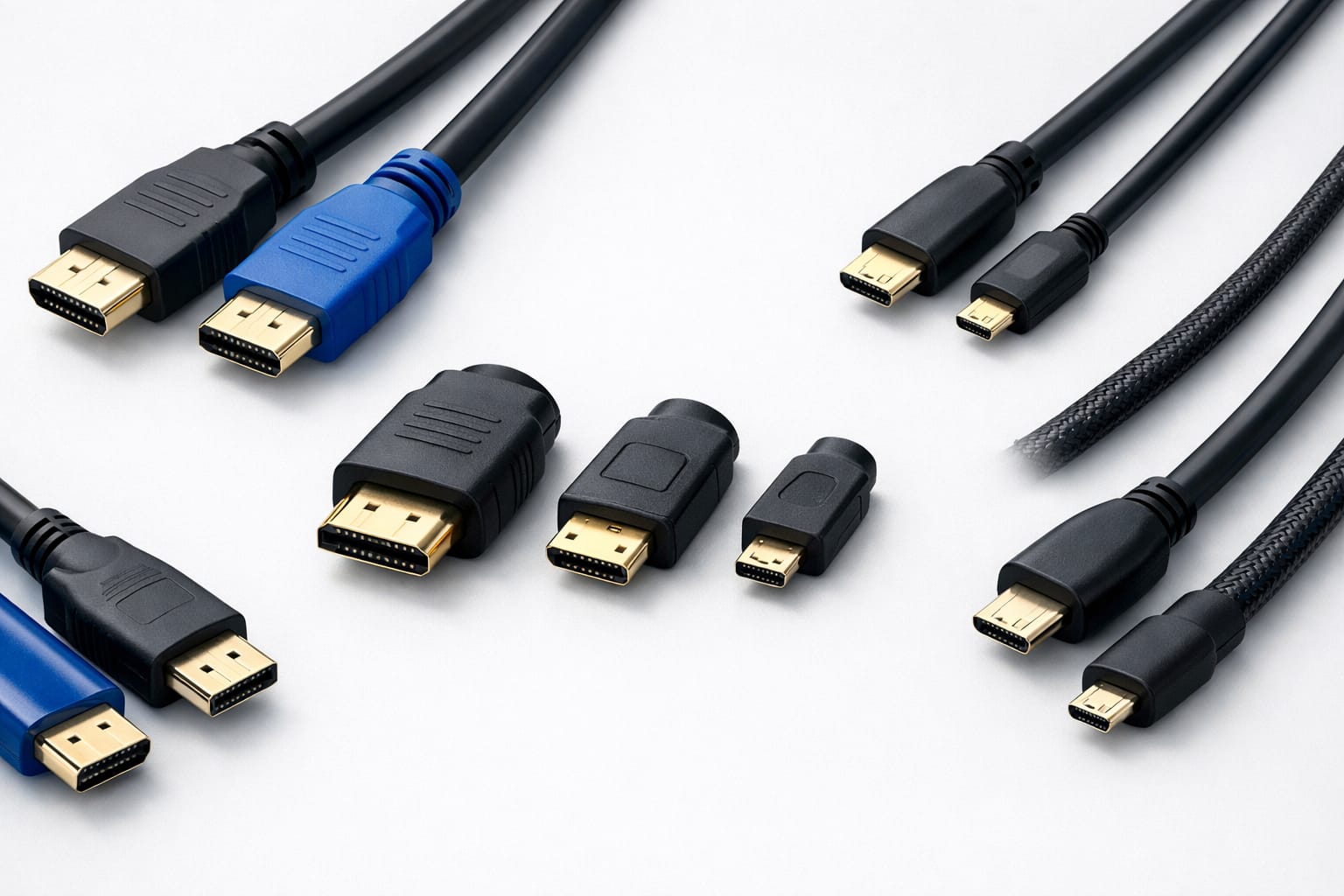 各種HDMI端子とケーブルを並べた比較構図