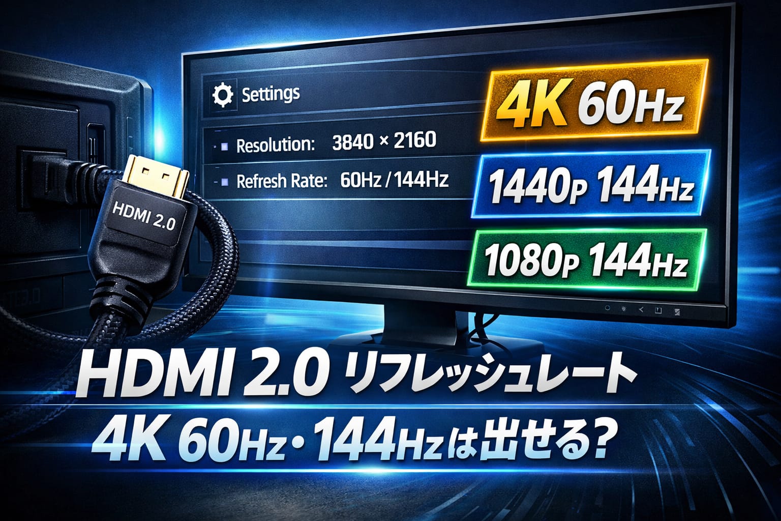 HDMI 2.0ケーブルと4K60Hz・144Hz表示のモニター
