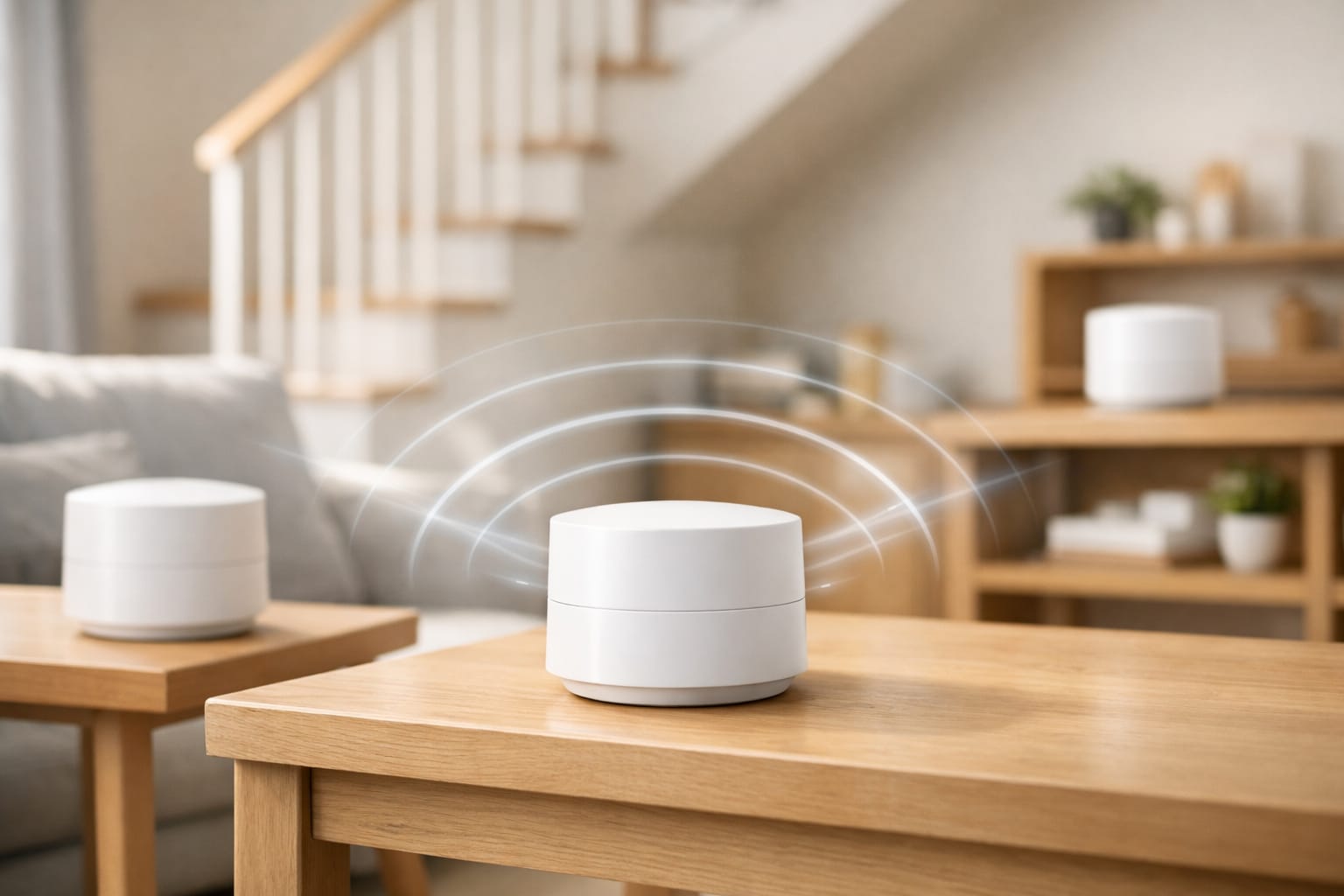 リビングに配置された白いメッシュWi-Fiルーター3台