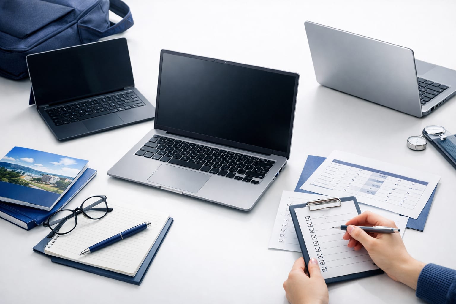 ノートパソコンを比較しながらメモを取る手元