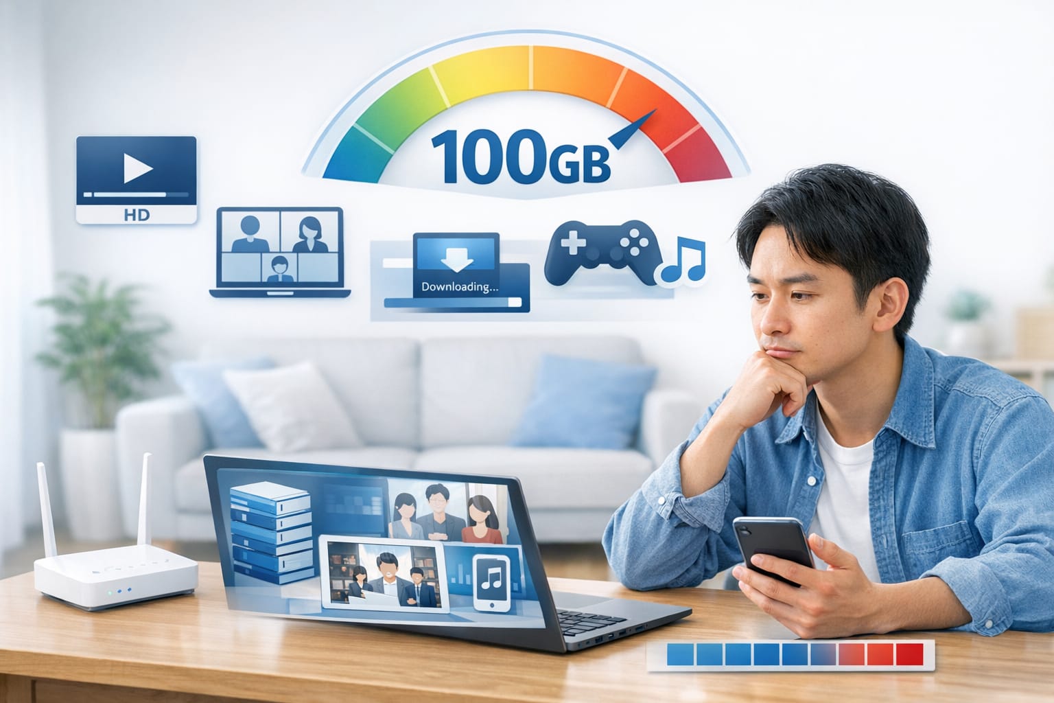 ノートPCとスマホを見ながら通信量を気にする男性