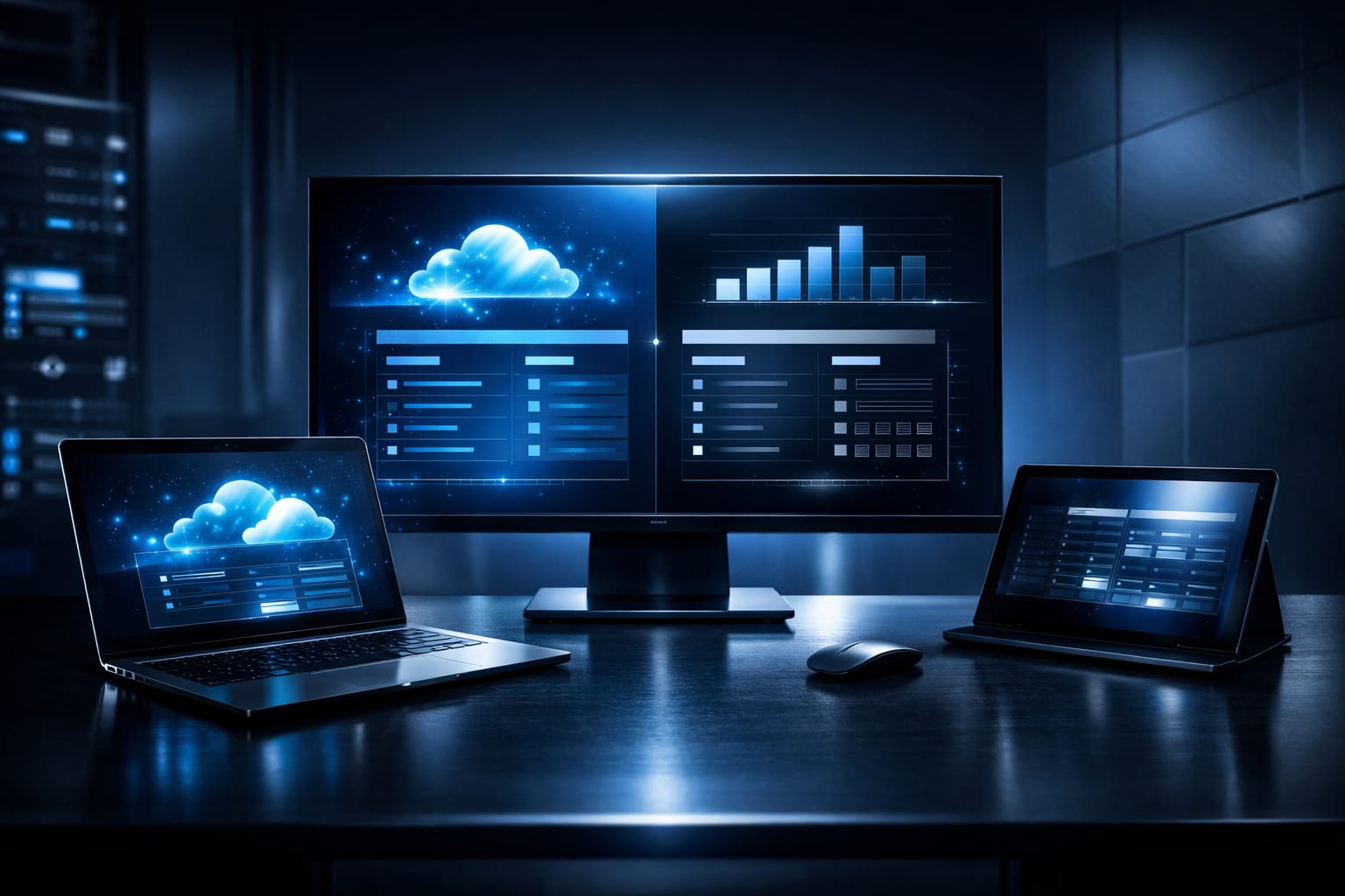 モニターと端末でOffice製品を比較するデスク