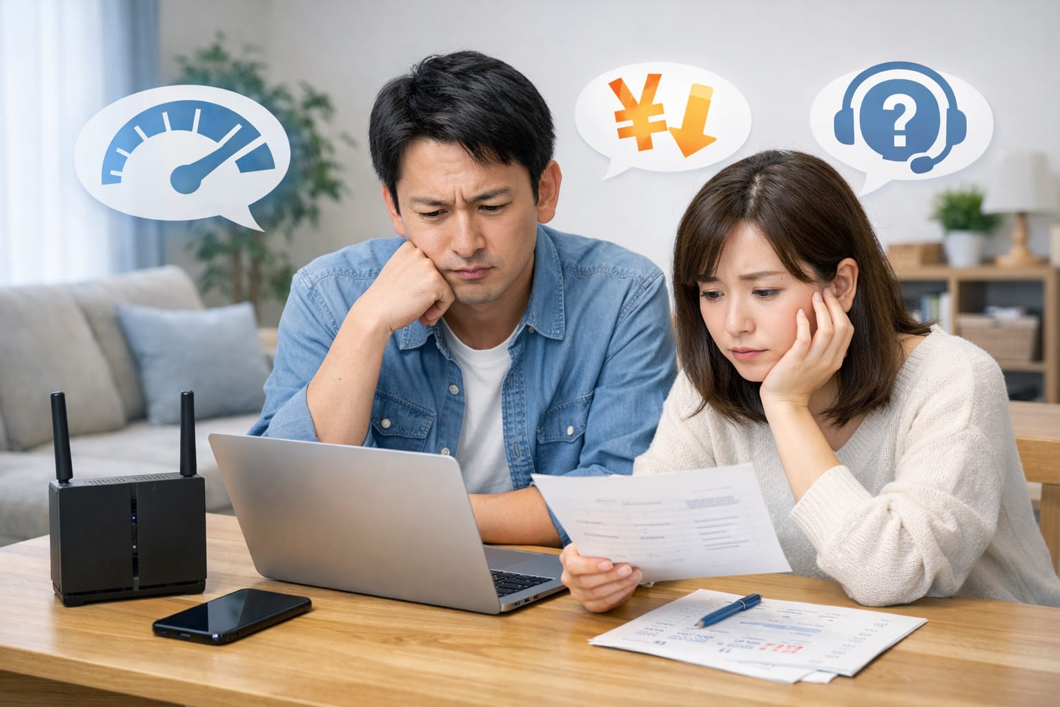 自宅で光回線の料金や通信状況を見比べる男女