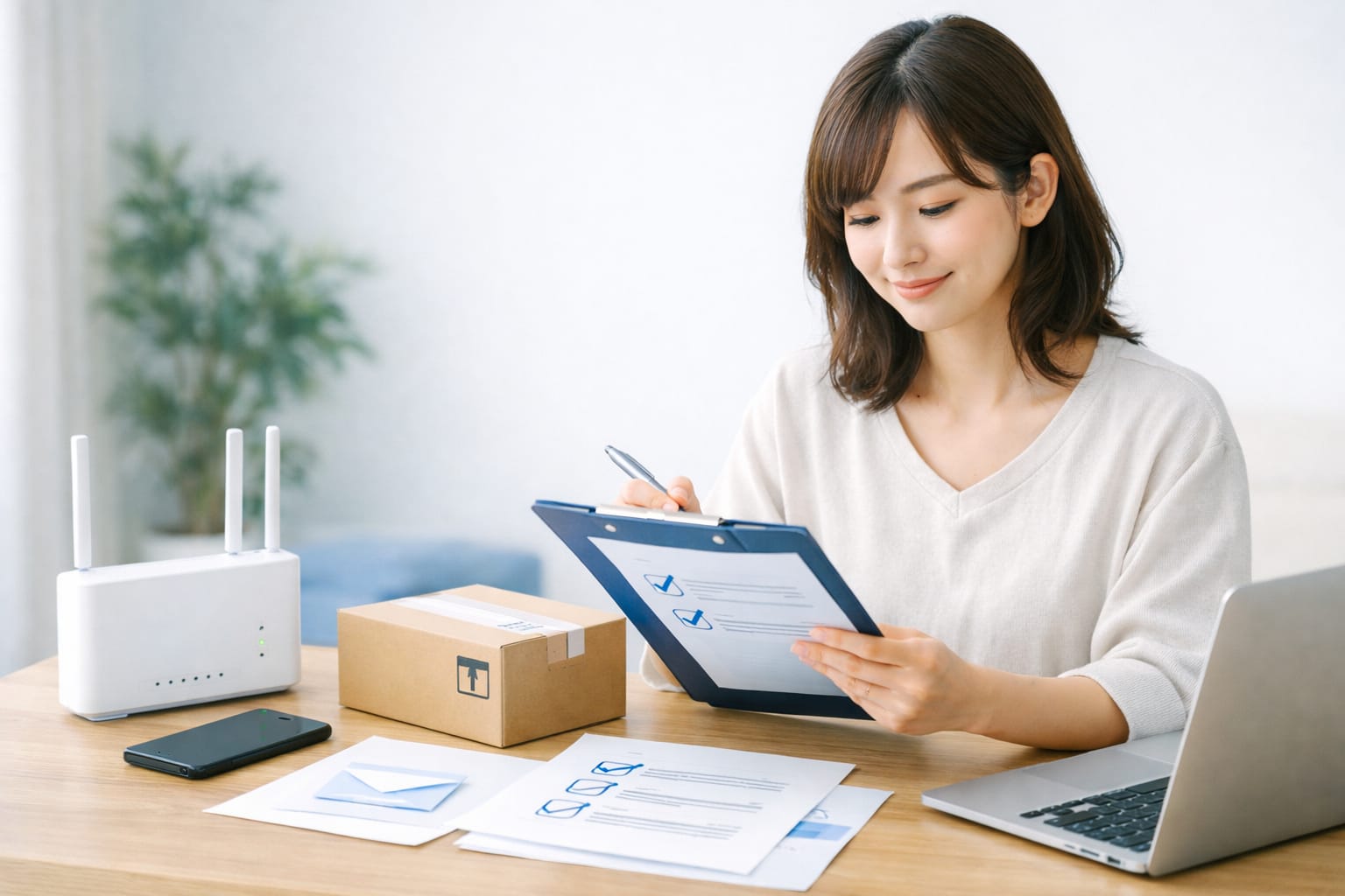 Wi-Fiルーター横で契約書類を確認する女性
