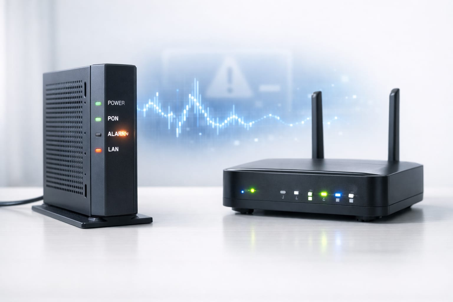 ONUとWi-Fiルーターが並び、通信不良の前兆を表現したアイキャッチ画像