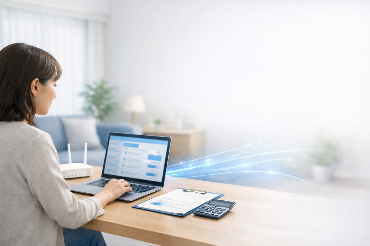 自宅で光回線の料金や契約内容を確認する女性のイメージ