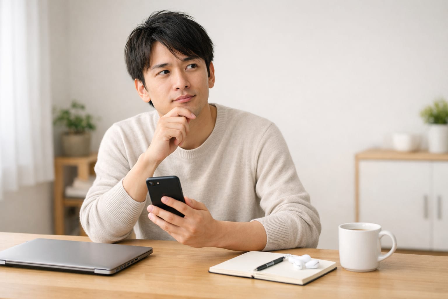 スマホを手にした男性がノートパソコンの必要性を考えるアイキャッチ画像