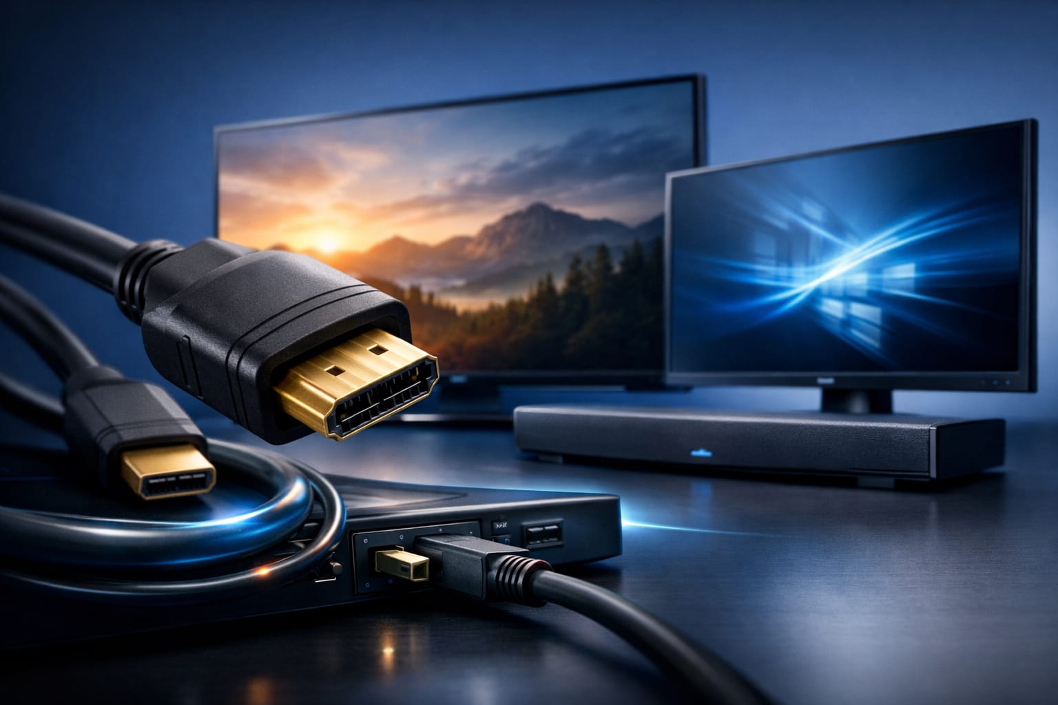 HDMIケーブルとテレビ、モニター、サウンドバーを組み合わせた接続イメージのアイキャッチ画像