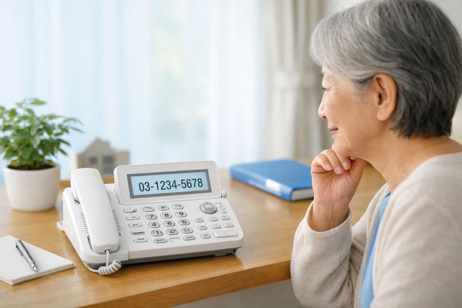 固定電話の着信番号を確認する高齢女性のイメージ