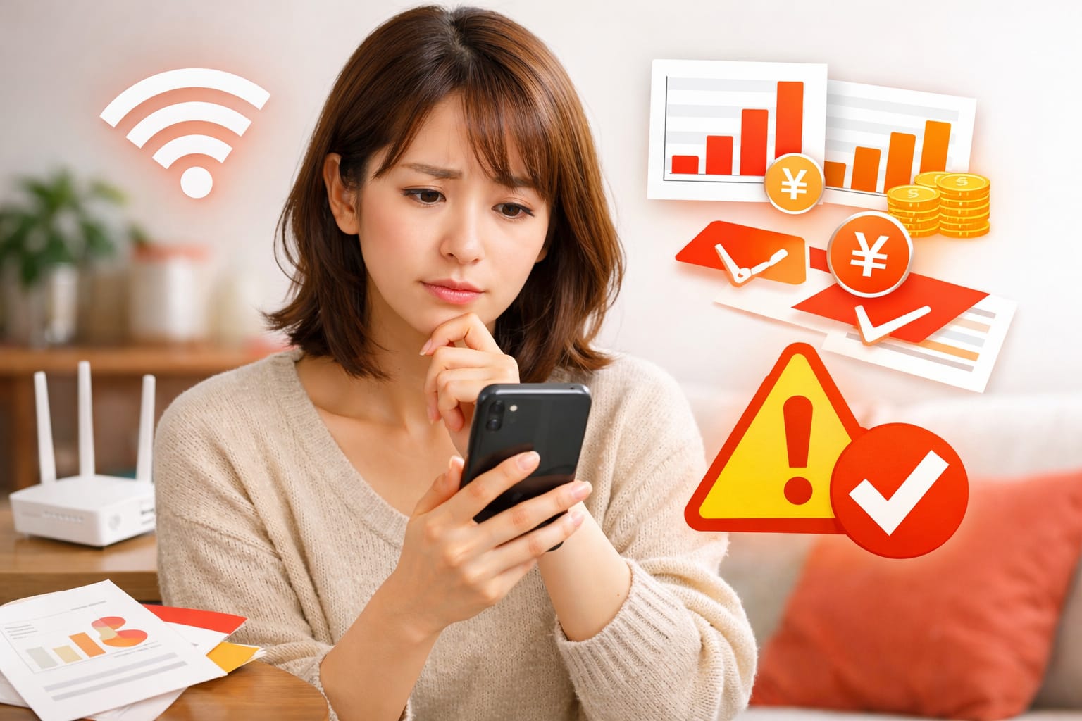 ドコモ光からauひかりへの勧誘電話に悩む女性のイメージ