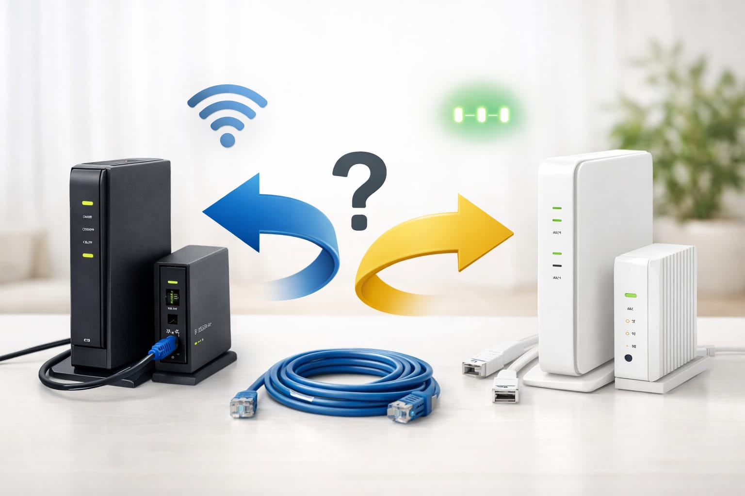 黒いルーターとONU、白いルーターと回線機器を左右に配置し、中央の矢印で回線乗り換えを表現したインターネット設定イメージ