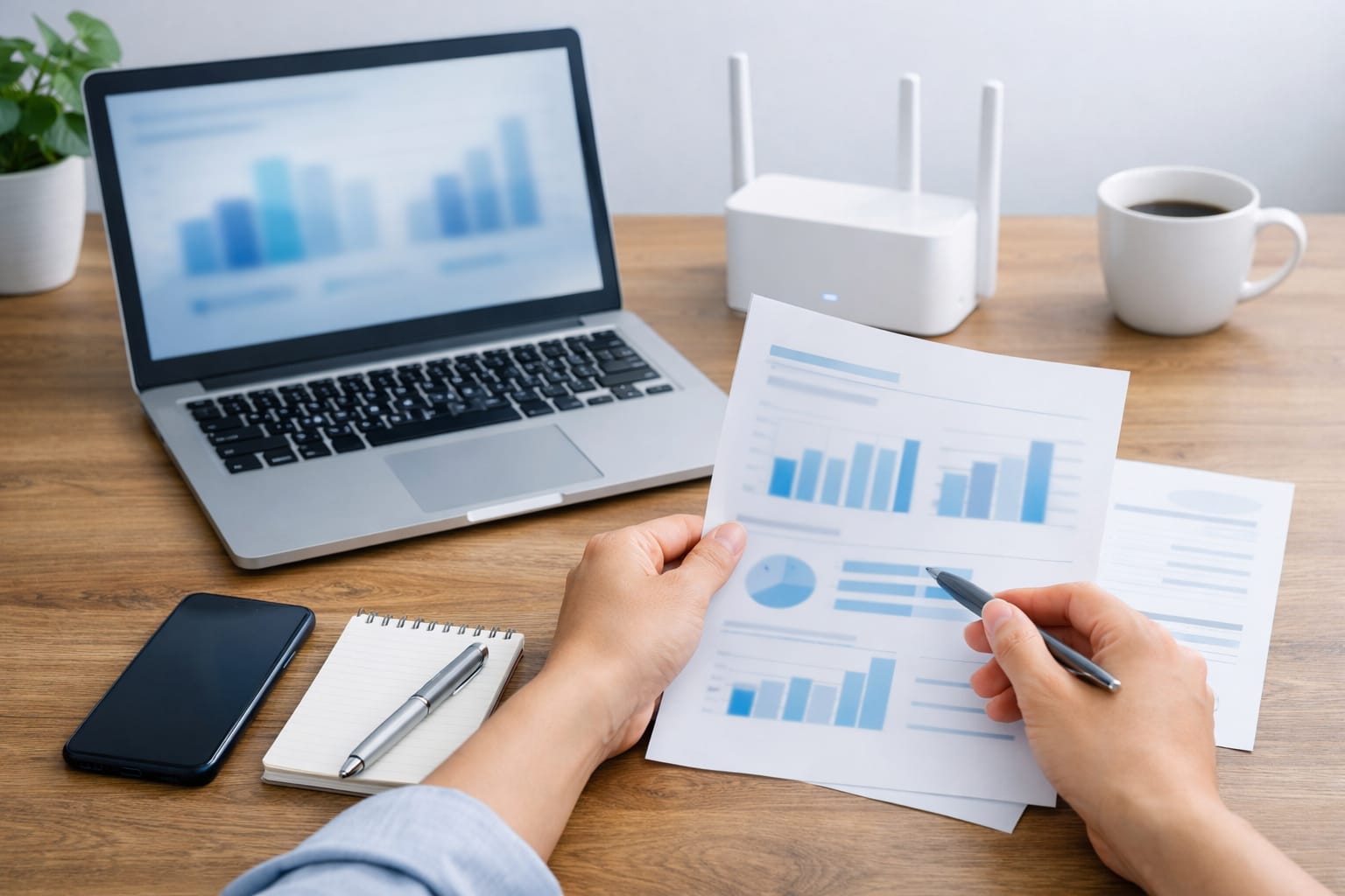 インターネット回線の料金や速度、契約条件を比較検討している明るいデスク環境のイメージ