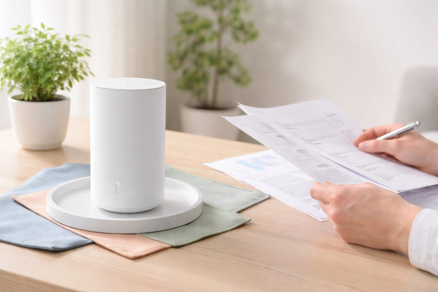 机上の白い円柱ルーターにケーブルを挿す手元