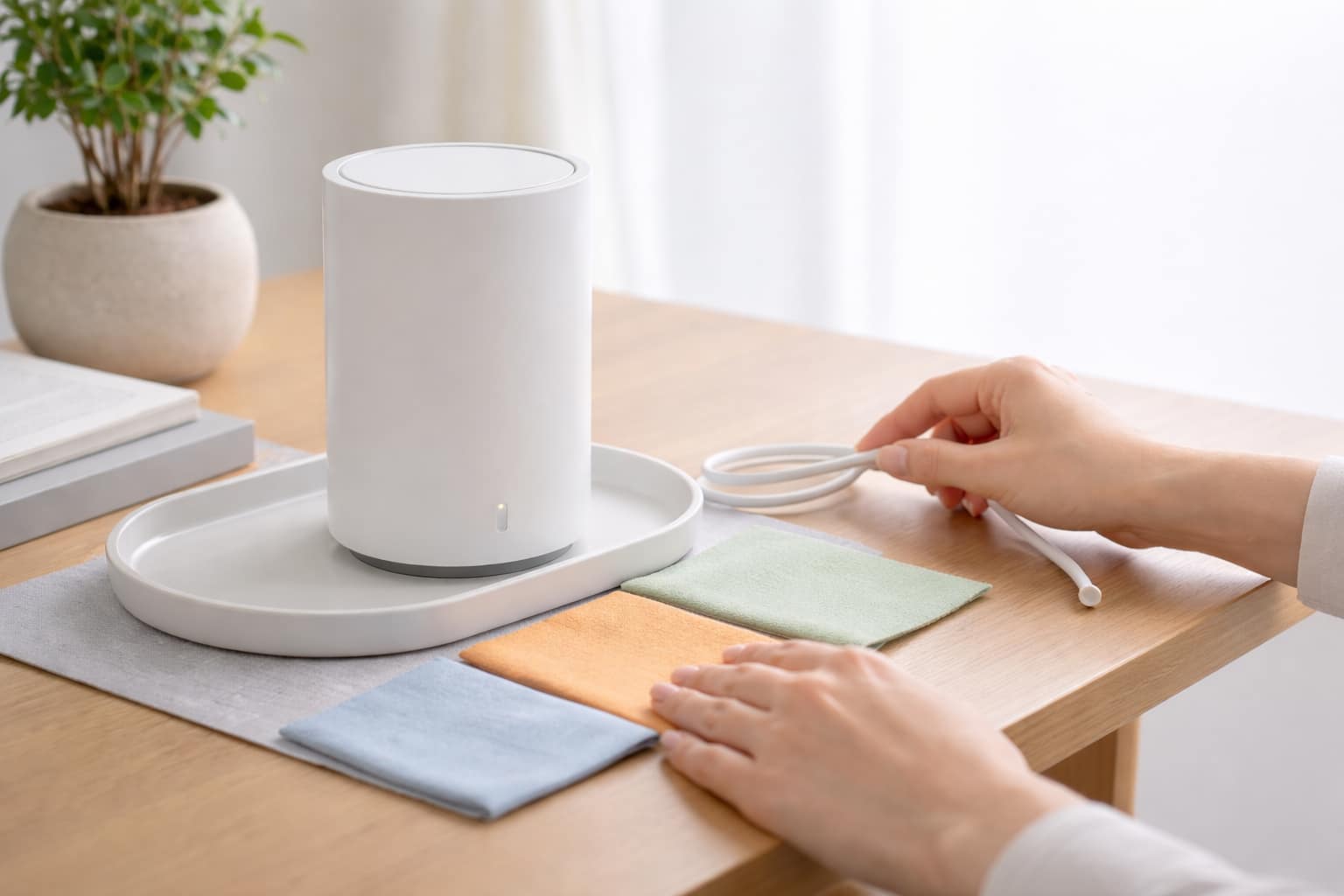 デスクで白いルーター周りの配線を整理する手元