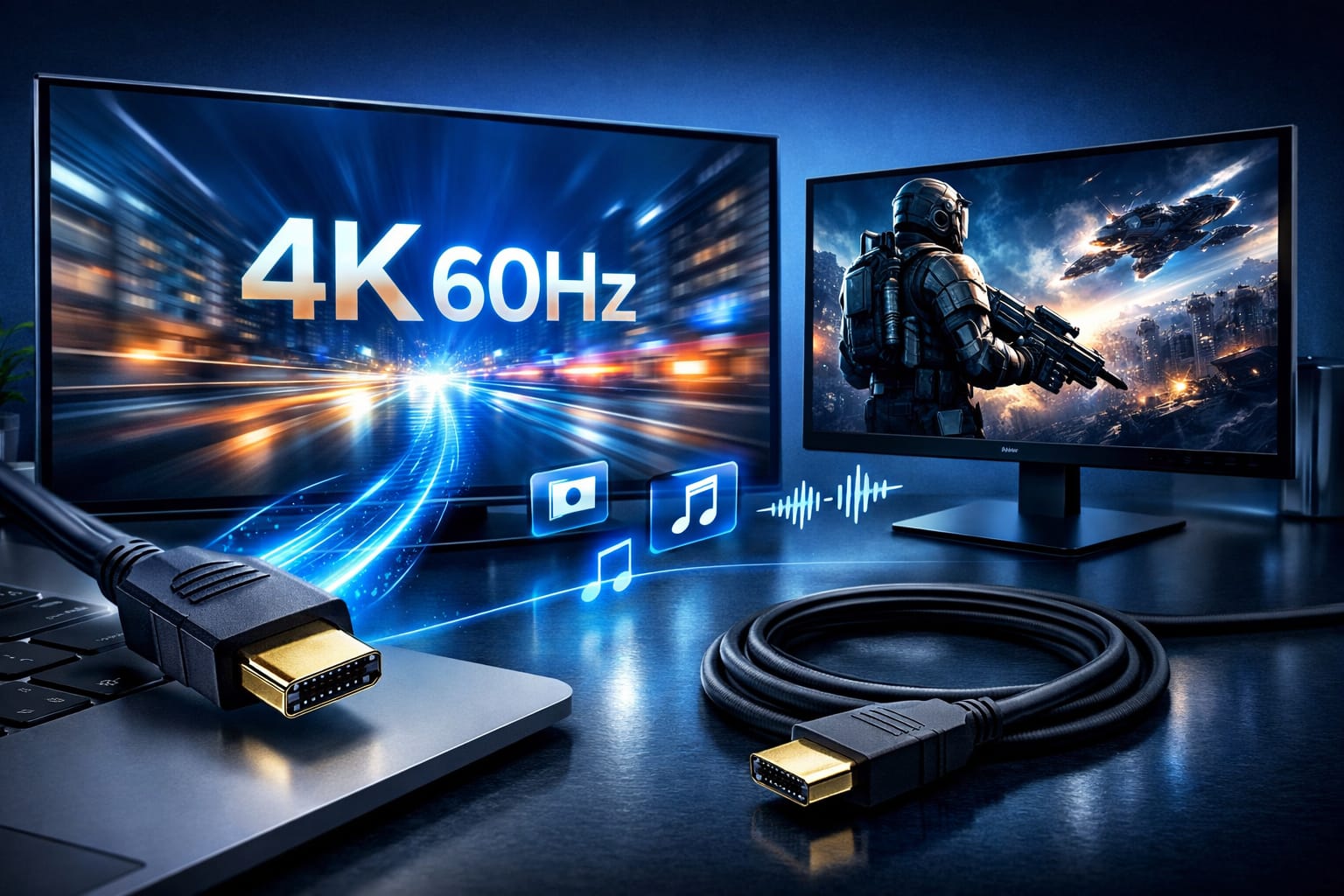 ノートPCとテレビをHDMI接続した室内