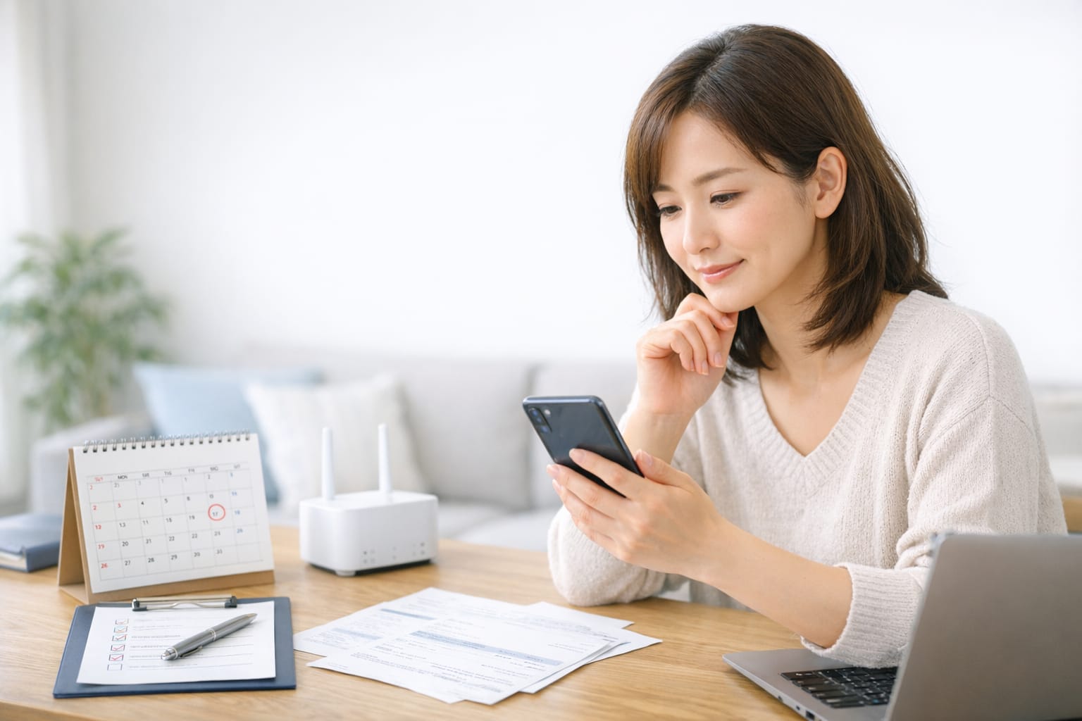 スマートフォンでドコモ光の契約内容を確認しながら更新月をチェックする女性