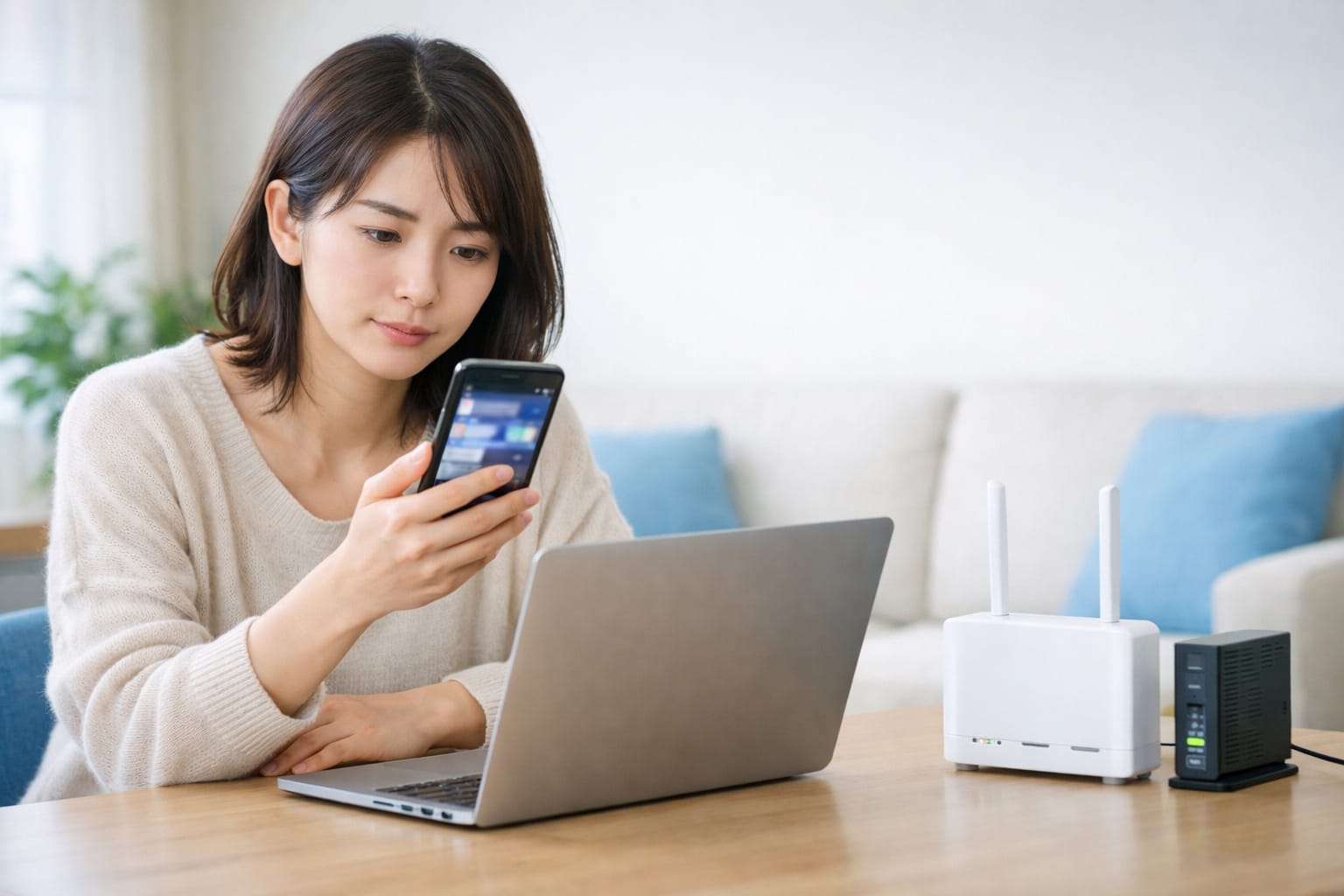 スマートフォンで通信障害の情報を確認しながら、ノートPCとWi-Fiルーターを前に状況を確認する女性