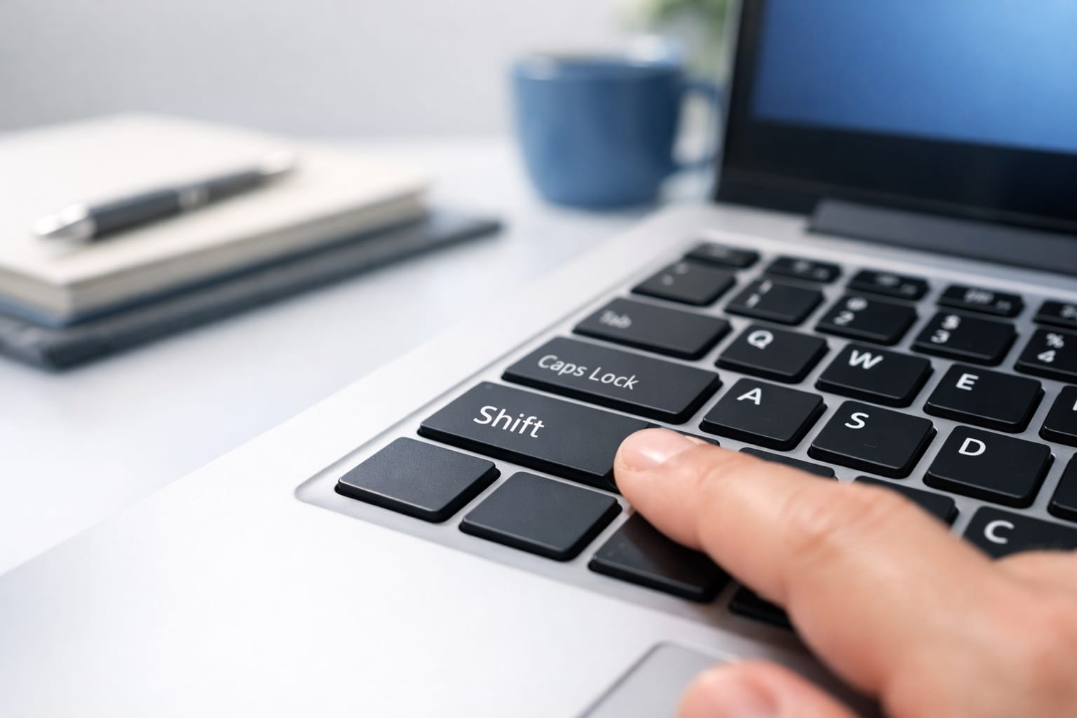 ノートPCのShiftキーとCaps Lockキーを確認している手元の写真