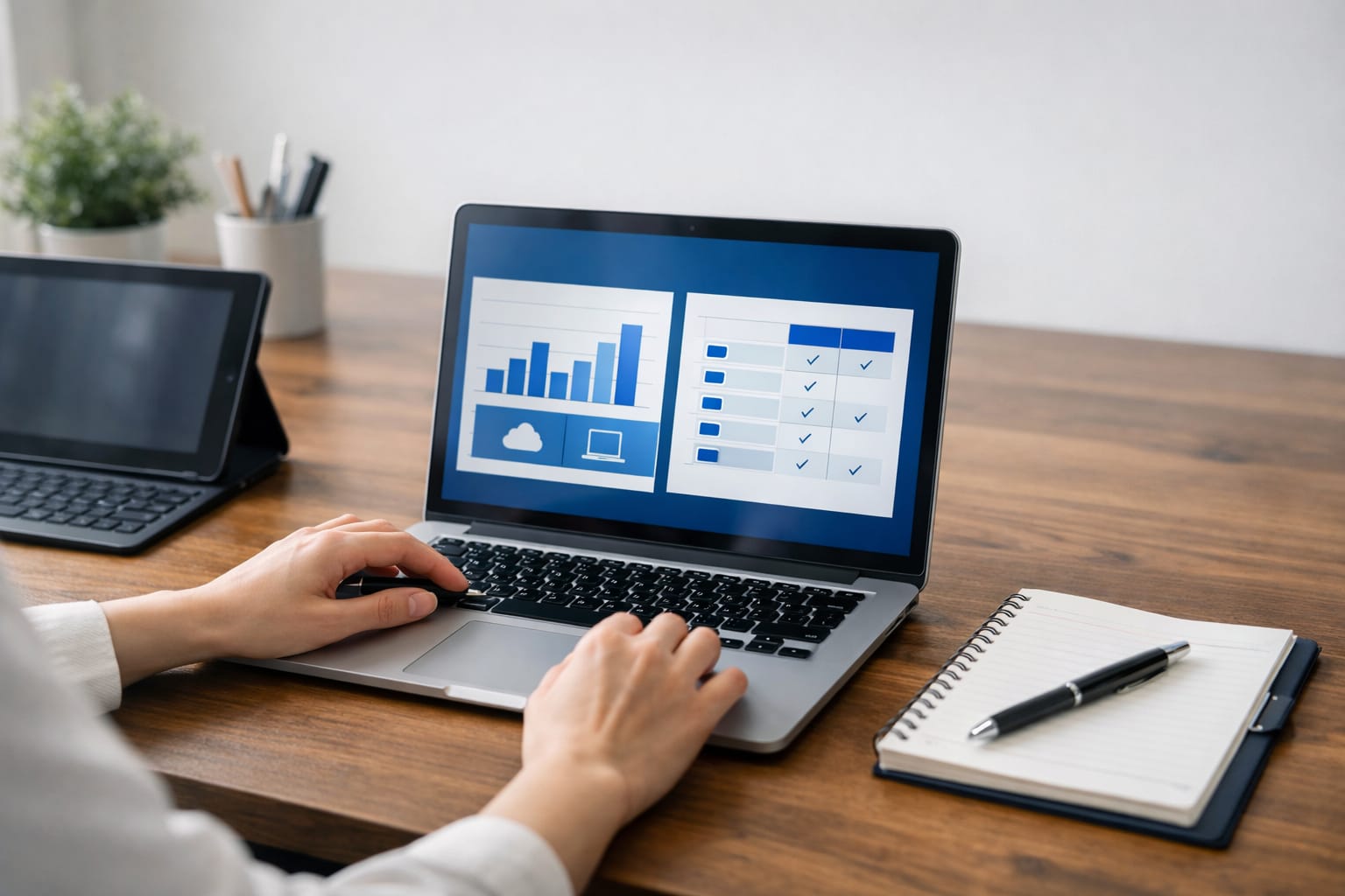 マイクロソフトオフィスの比較を検討する女性の手元とノートPCの実写風アイキャッチ画像