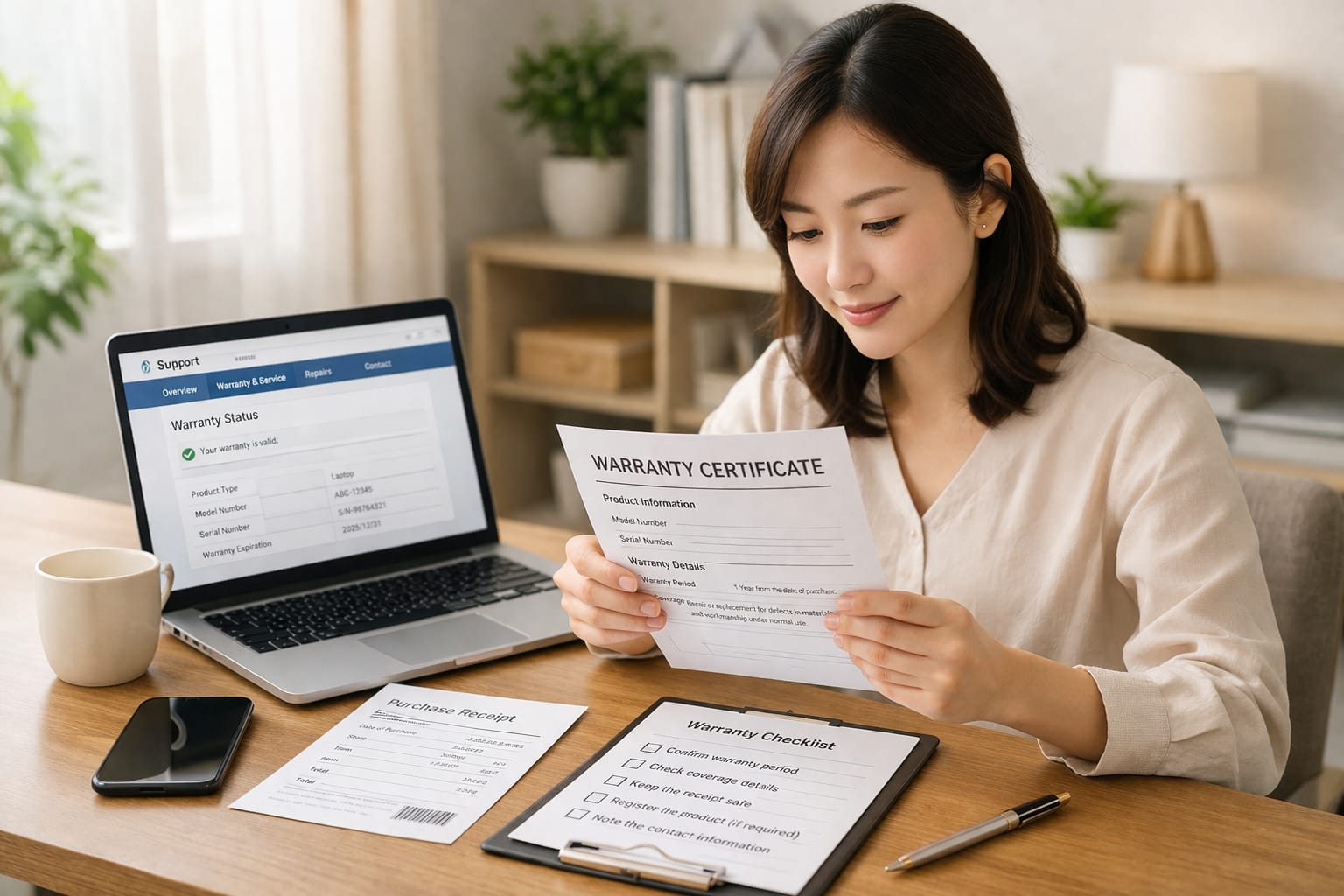ホームオフィスのデスクで、ノートパソコンの保証内容を英語の書類と画面で確認する若い女性