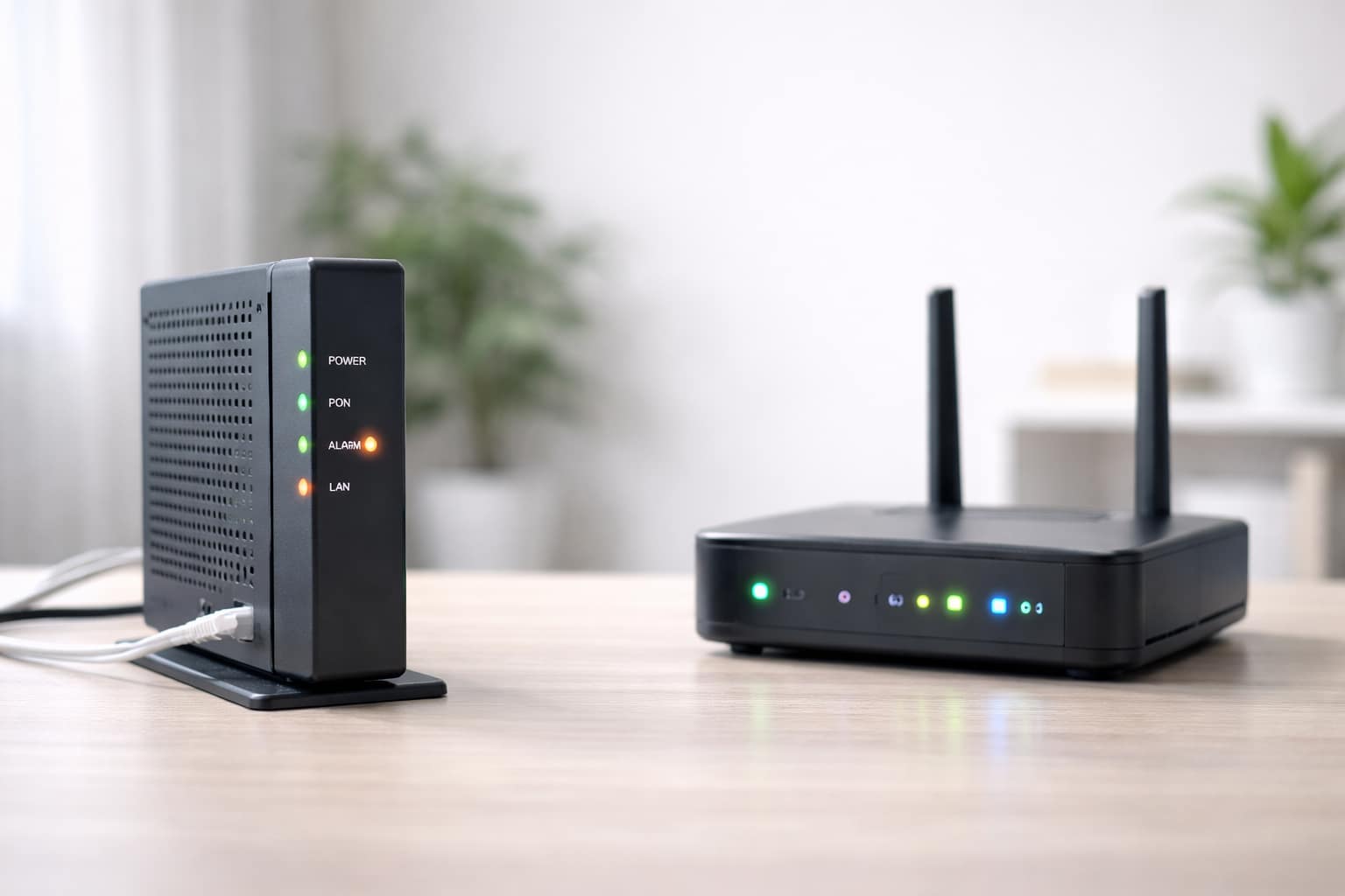 ONUとWi-Fiルーターが机の上に並ぶ、家庭用インターネット機器のアイキャッチ画像