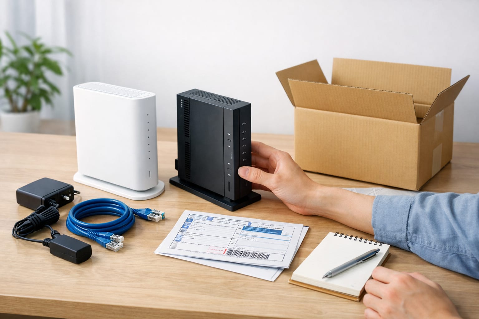 白いWi-Fiルーターや回線機器、ケーブル、返却用の箱を机に並べて、返却準備をしている様子
