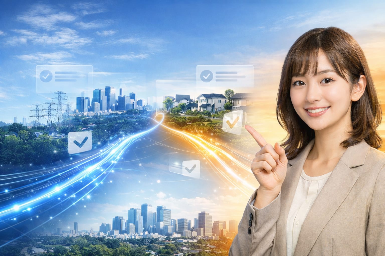 日本人女性と光回線の比較イメージで、tepcoひかりとauひかりの関係を表現した実写風アイキャッチ画像