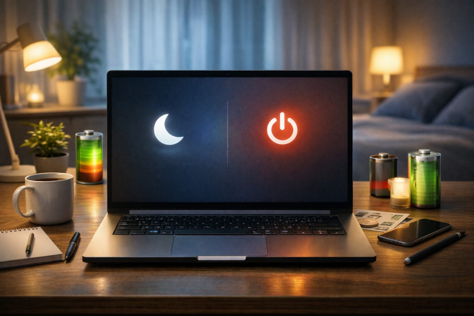 デスク上のノートパソコン画面で、スリープとシャットダウンを月と電源ボタンのアイコンで比較した実写風イメージ