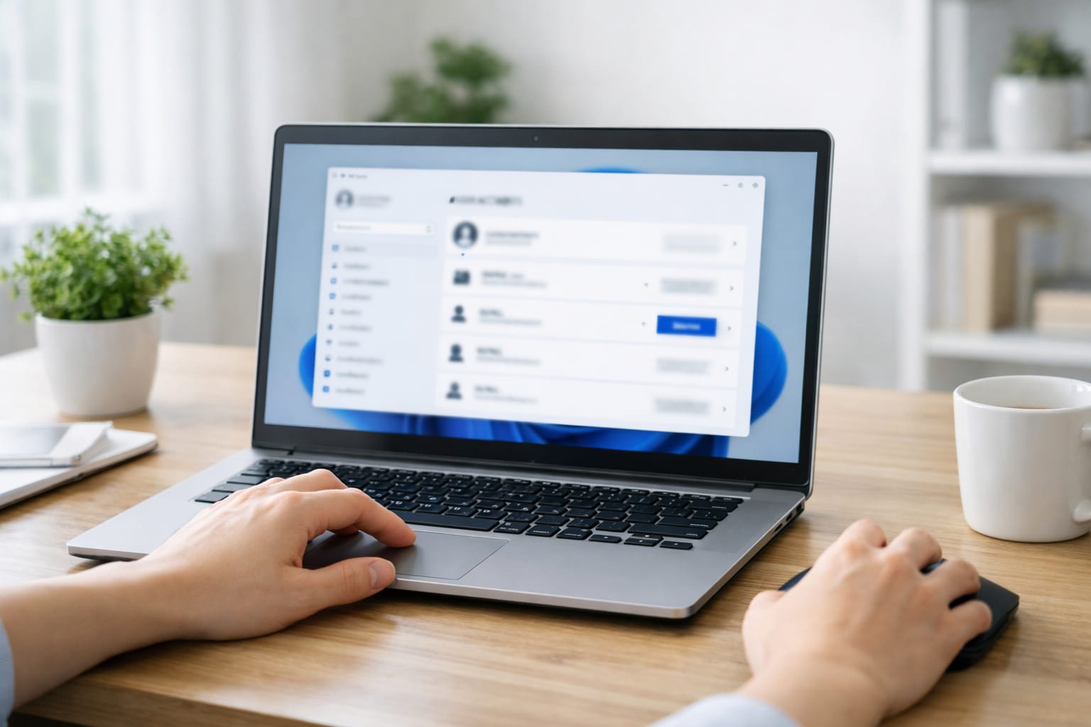 Windows 11の設定画面でユーザー管理を行うノートパソコンの写真