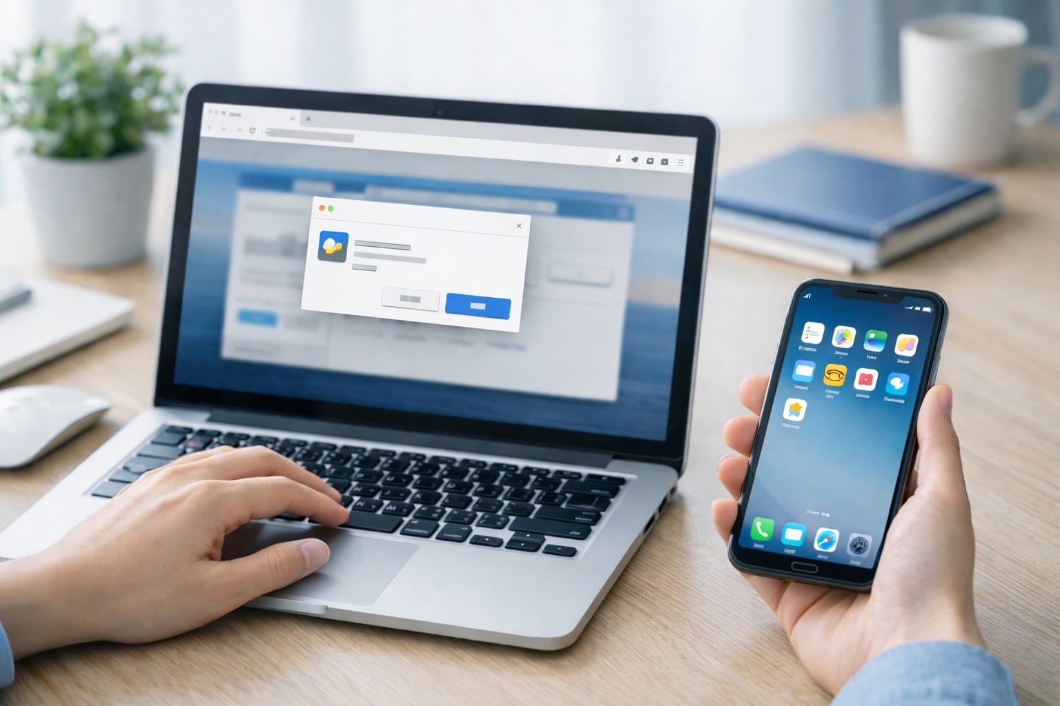 ノートパソコンとスマートフォンでChromeのアプリ化を操作する男性の手元イメージ