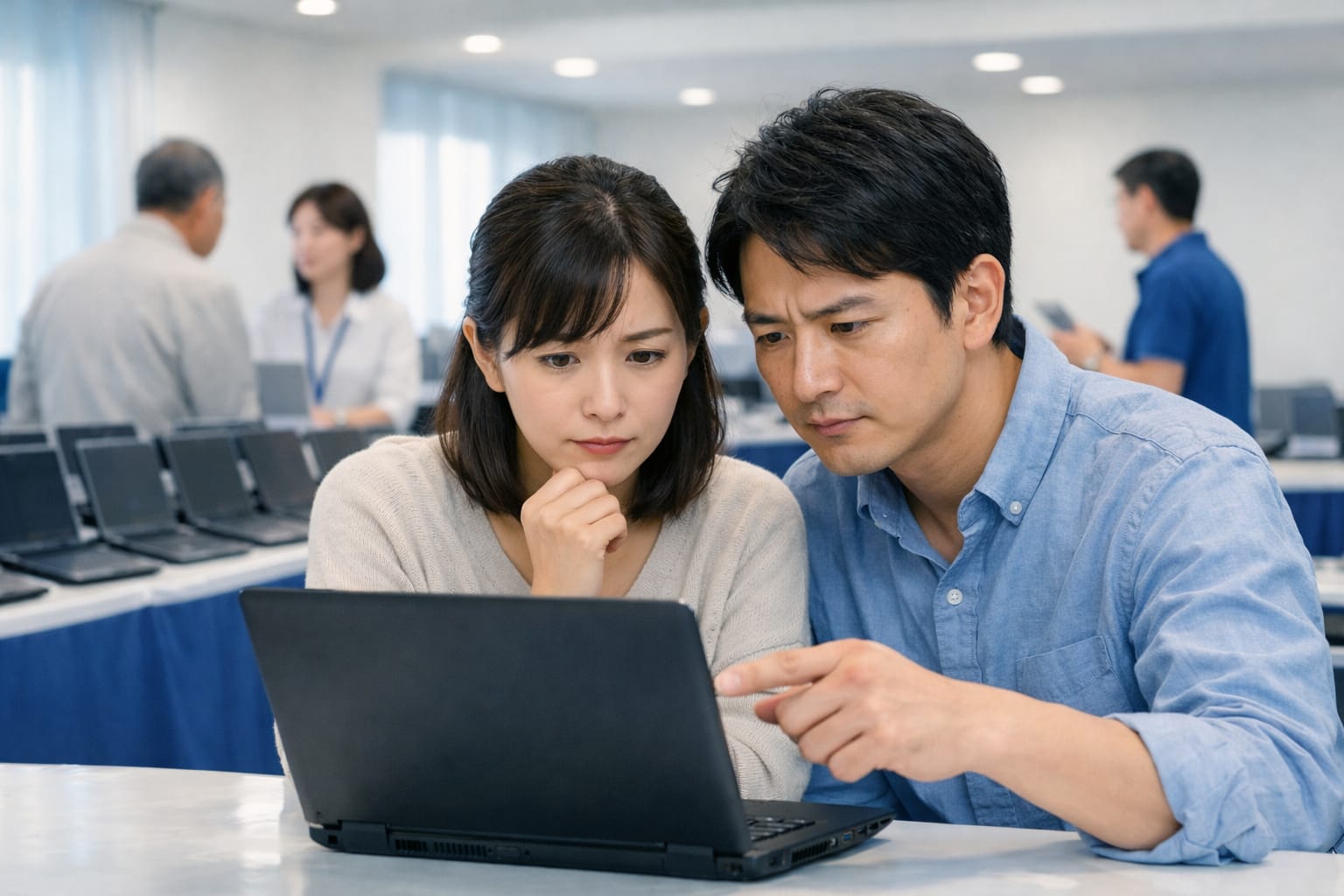 中古ノートパソコンを前に、男女が内容を確認している譲渡会場の様子