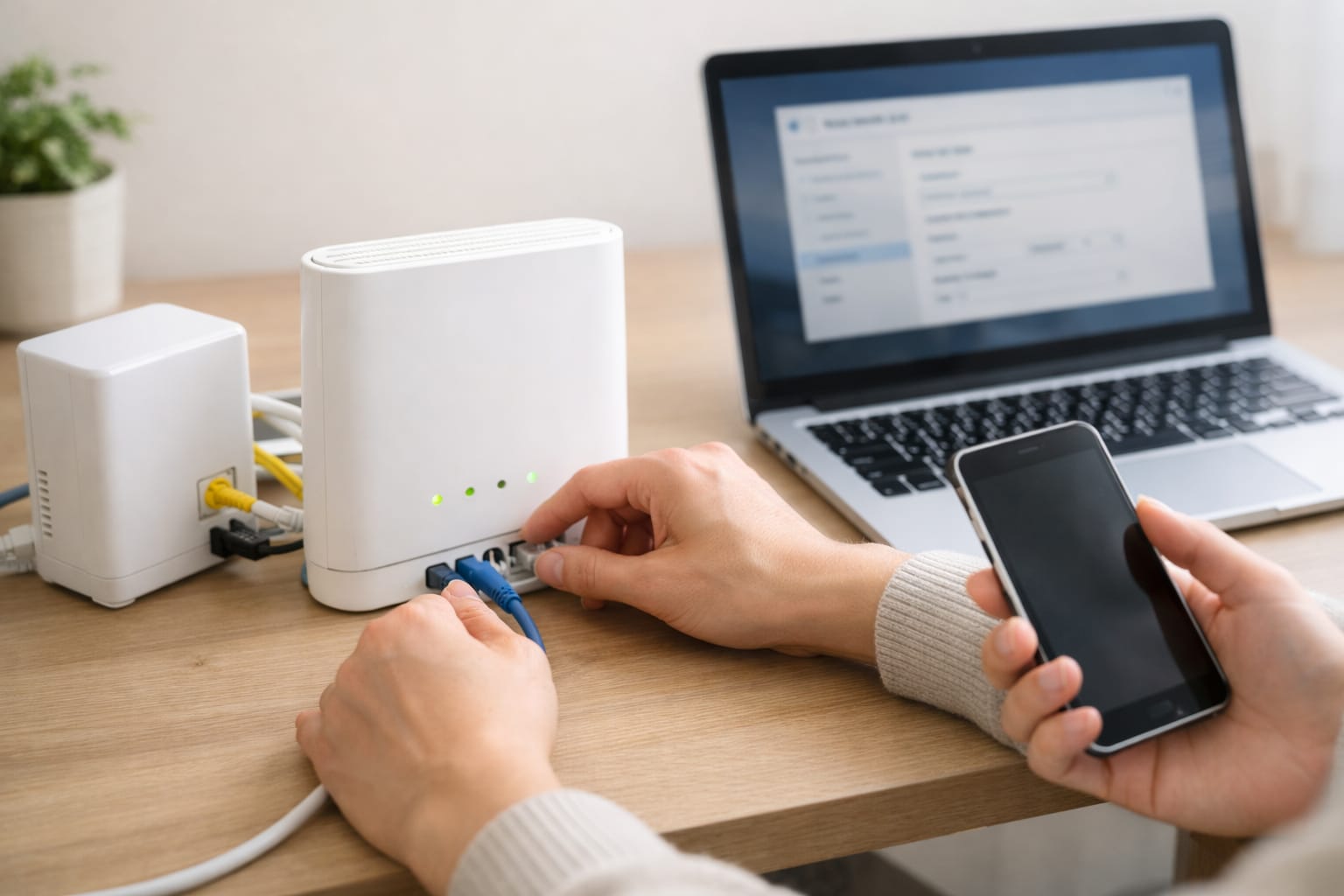 白いWi-FiルーターとONUを接続して設定する手元