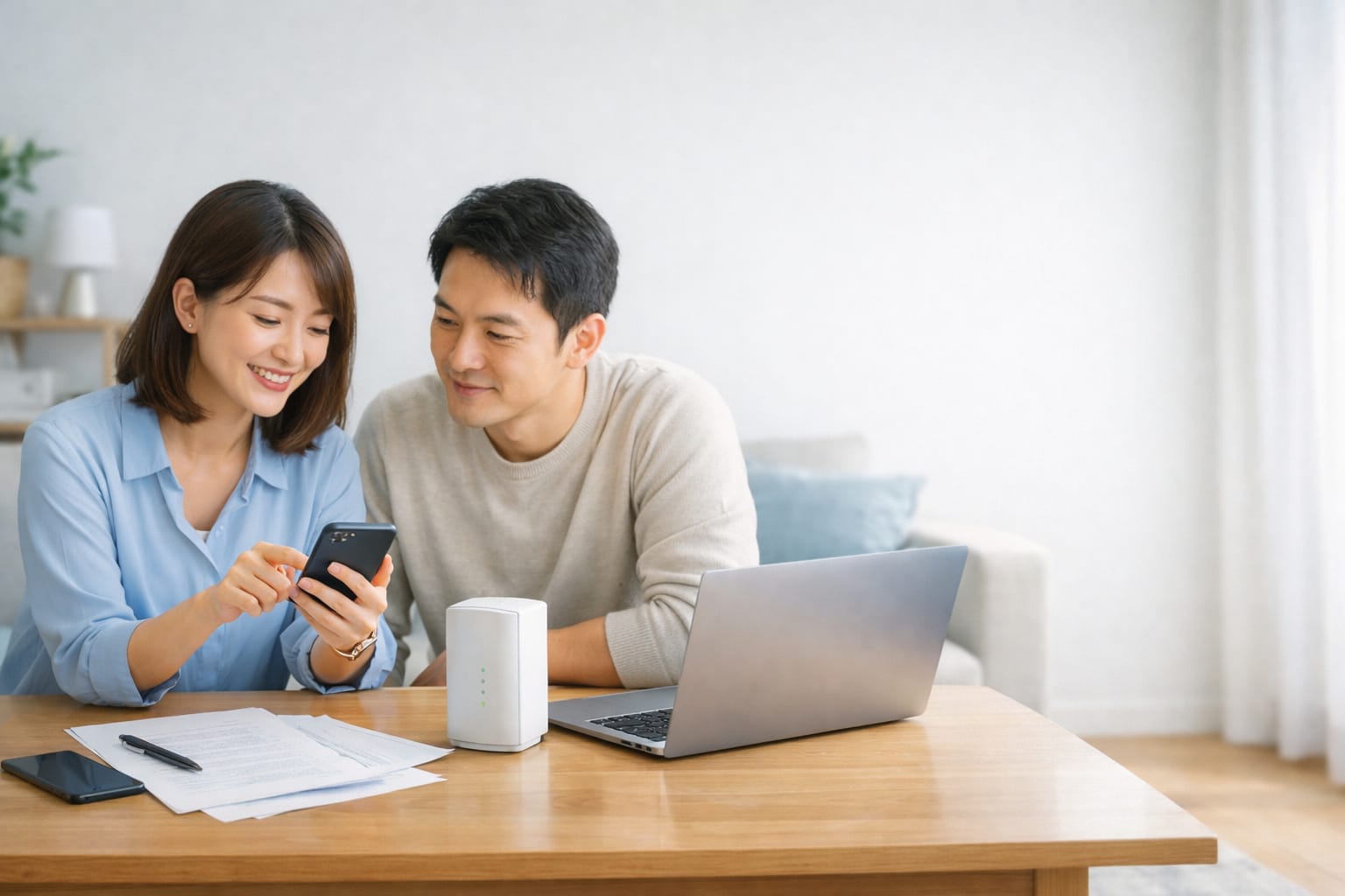 リビングでスマホとWi-Fiルーターを見ながら回線見直しを相談する男女