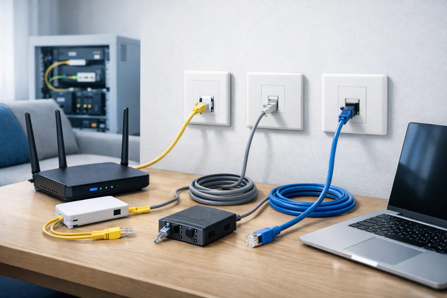 マンションのネット配線の違いを示す画像。壁の差込口とWi-Fiルーター、パソコンが写っている。