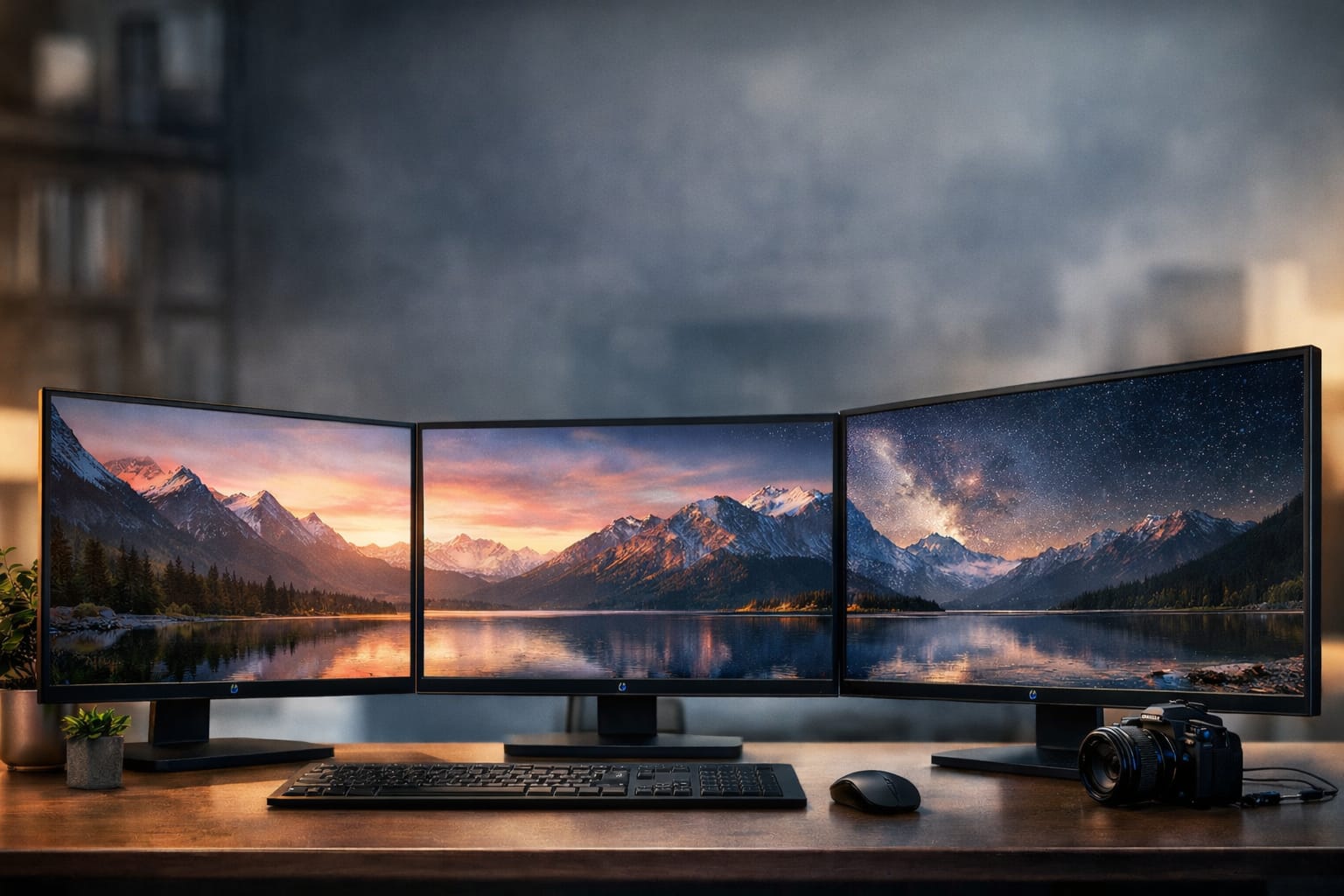 3台のモニターに連続した風景の壁紙を表示した、マルチディスプレイ環境のデスク