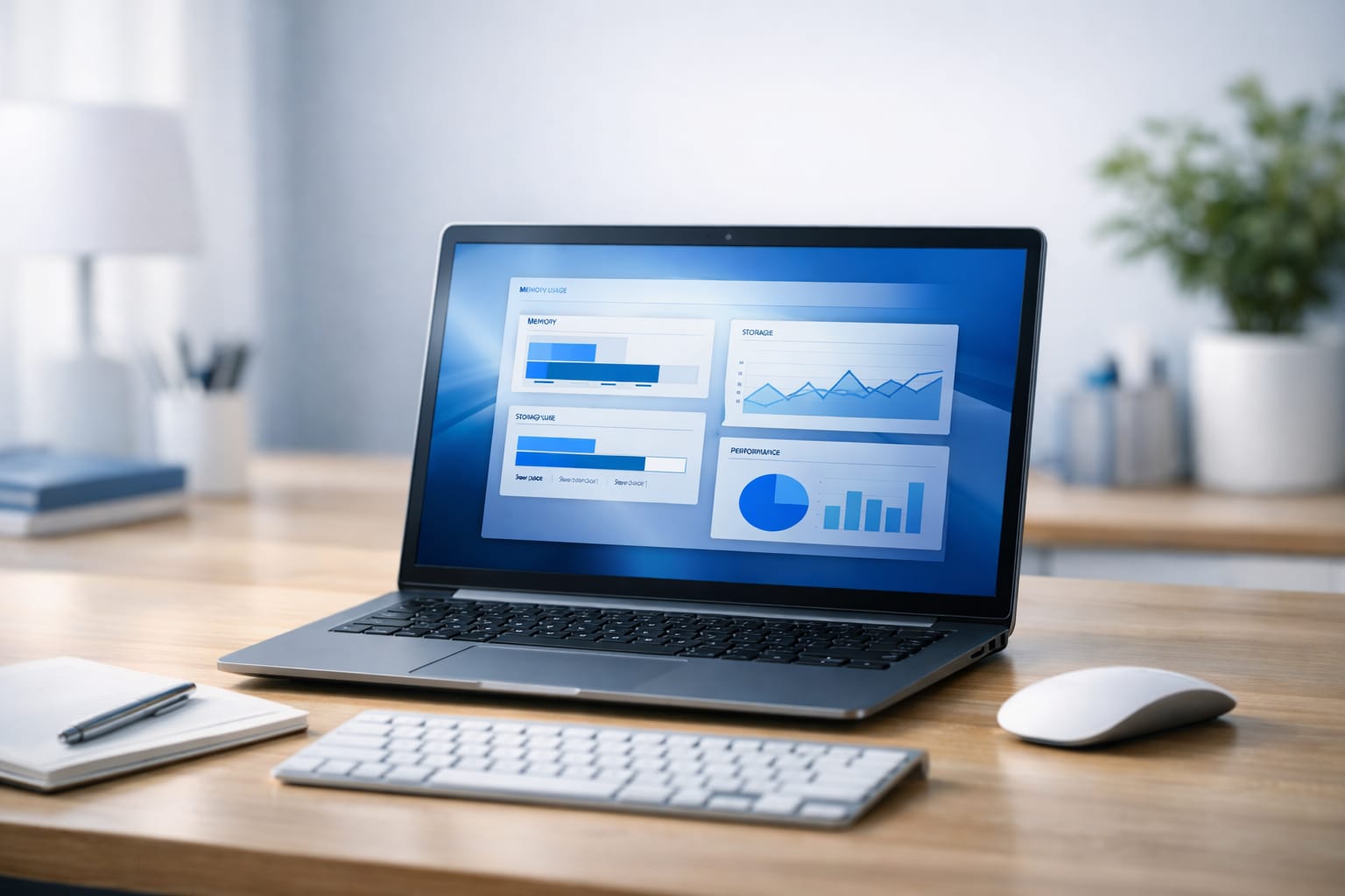 Windows 11風の設定画面を表示したノートPCが置かれた明るいホームオフィスのデスク