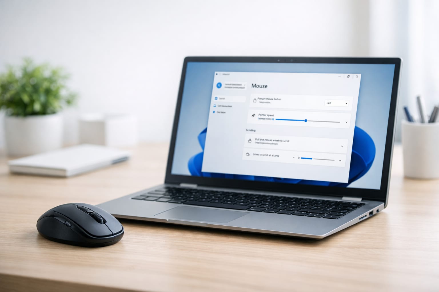 Windows 11のマウス設定画面とワイヤレスマウスのイメージ