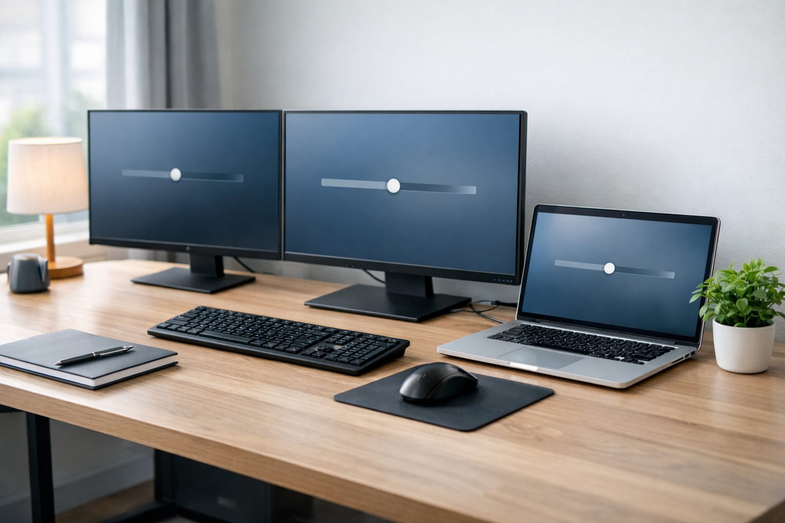 複数モニターの明るさを管理している実写風のホームオフィスデスク