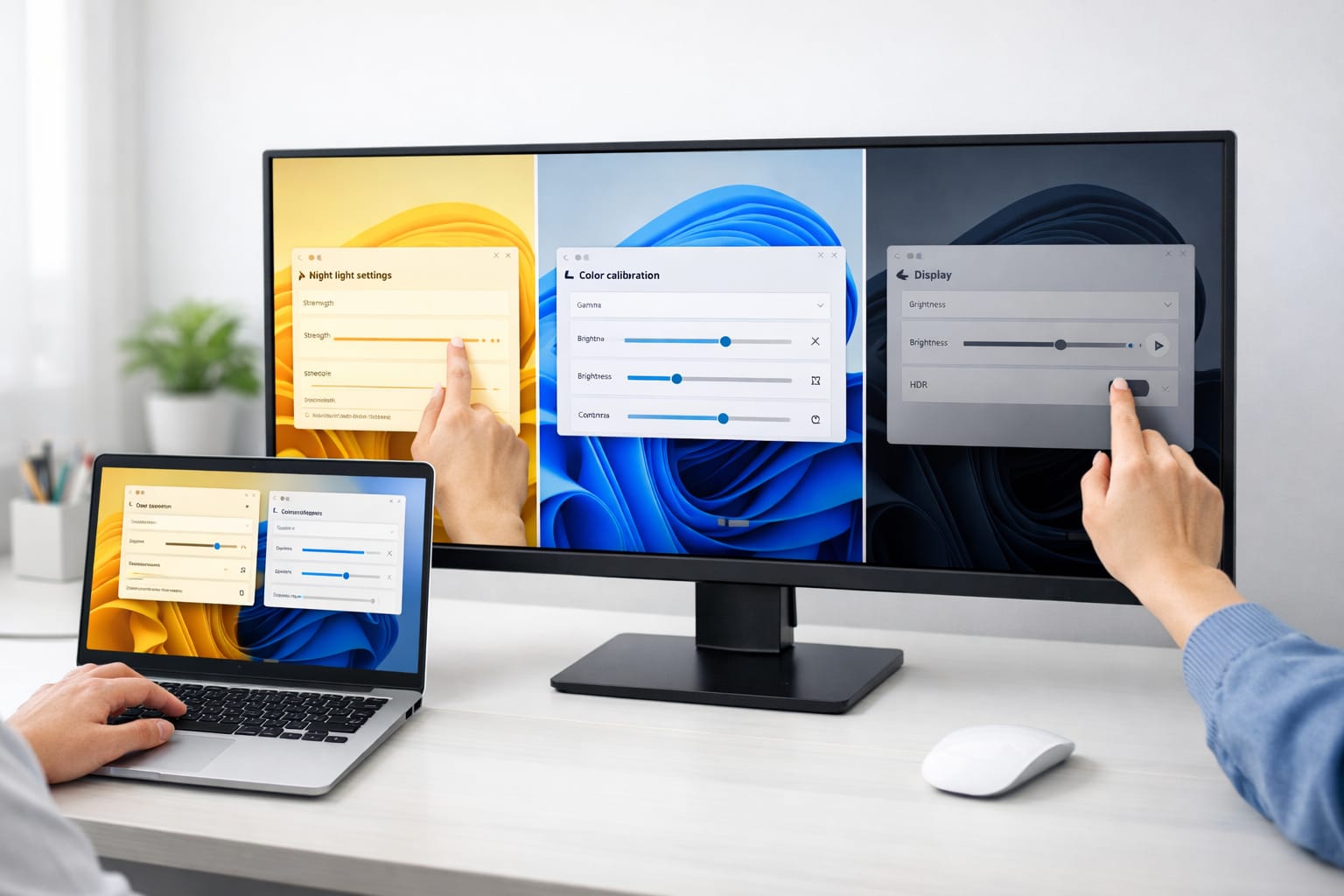 Windows 11の色調整をするノートPCと外部モニターの画面比較