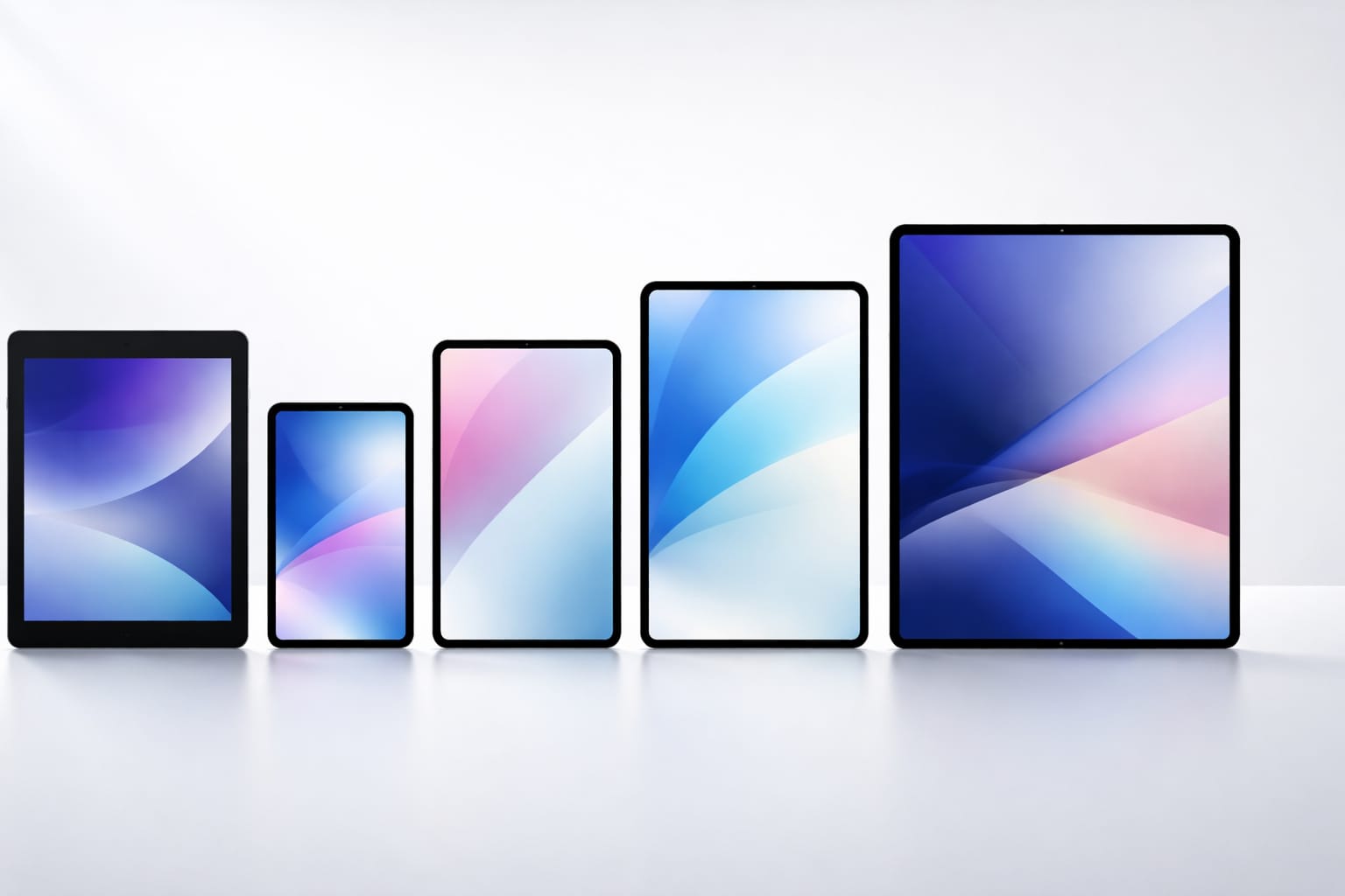 歴代iPadの違いがわかるように5台のタブレットを並べた比較イメージ