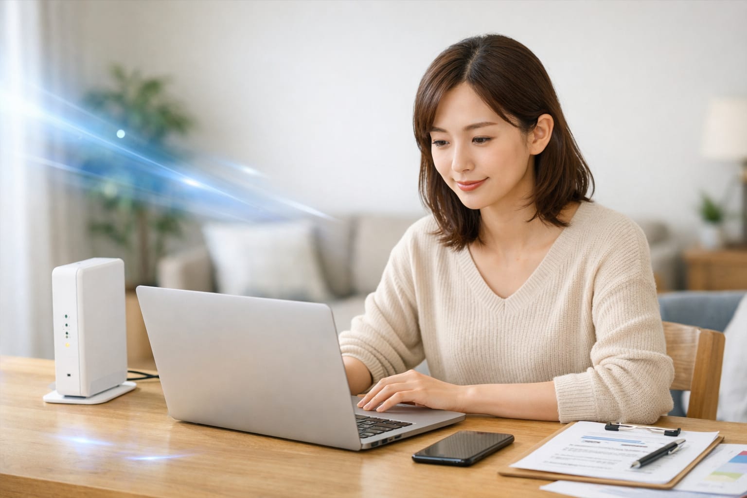 日本人女性がノートパソコンで光回線を確認している実写風アイキャッチ画像