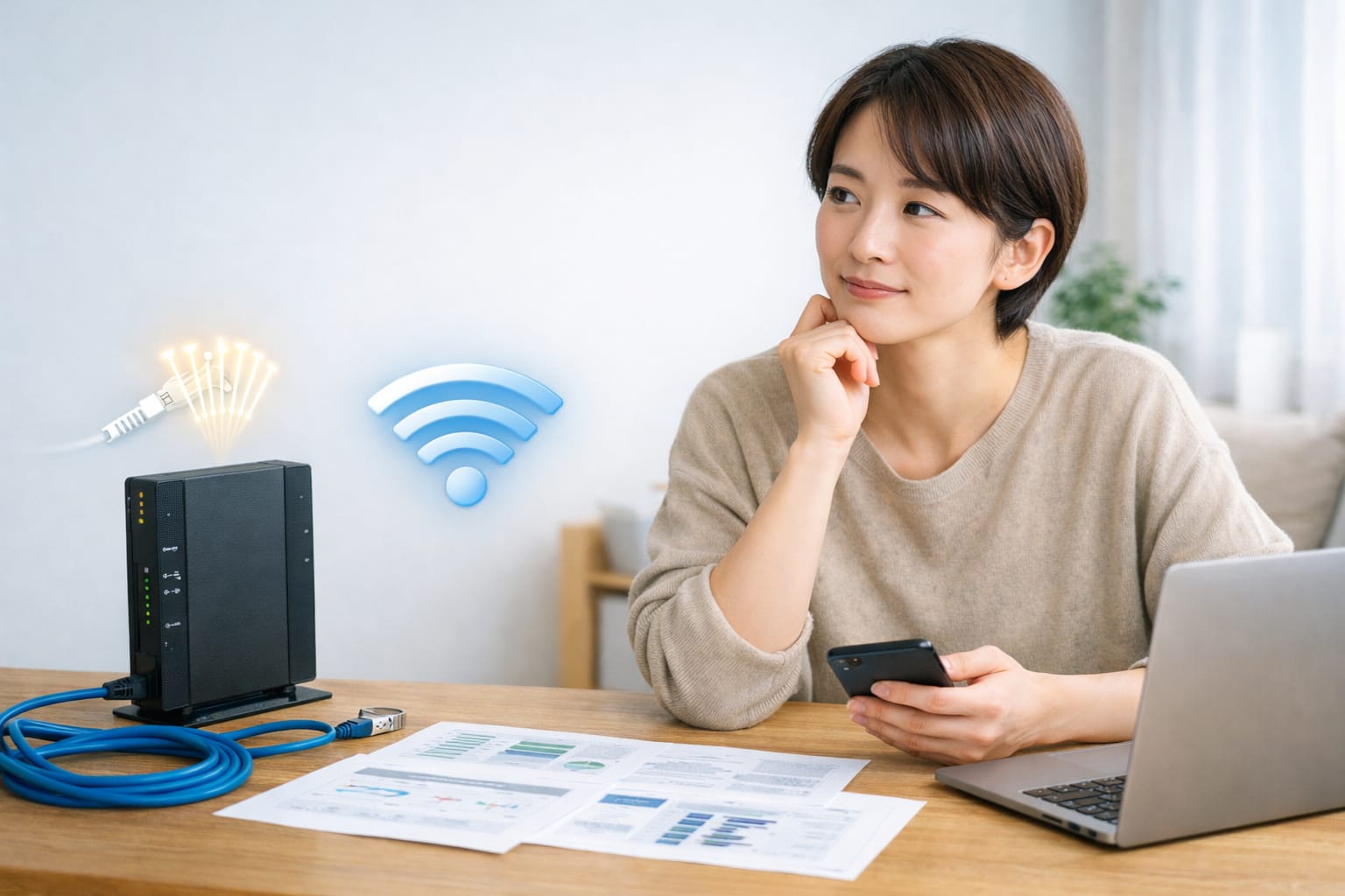 GMOとくとくBBのプロバイダ契約を比較しながら、パソコンとルーターを前に検討している女性のイメージ画像