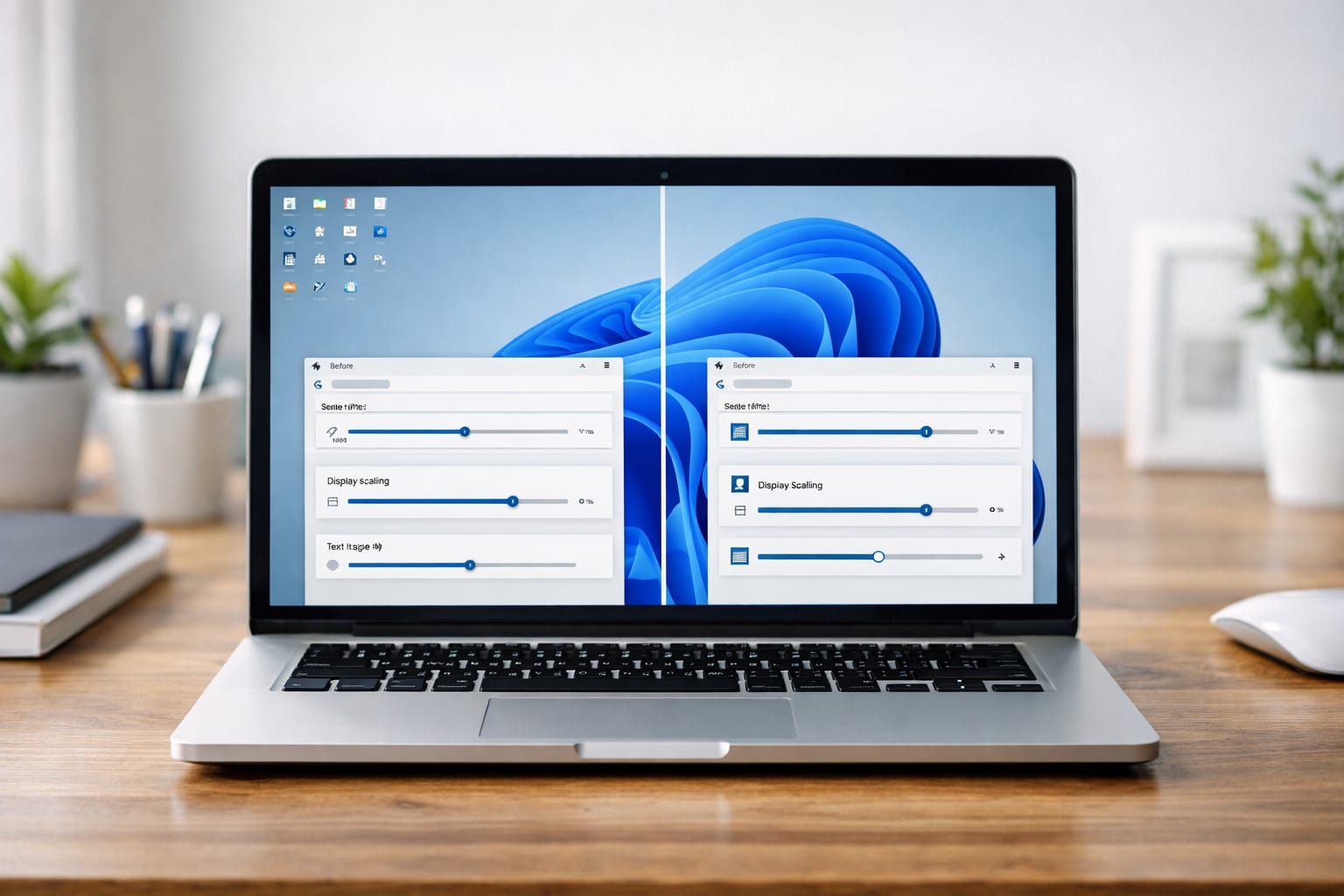 Windows 11風のノートPC画面で、アイコンサイズ調整前後を比較している実写風アイキャッチ画像
