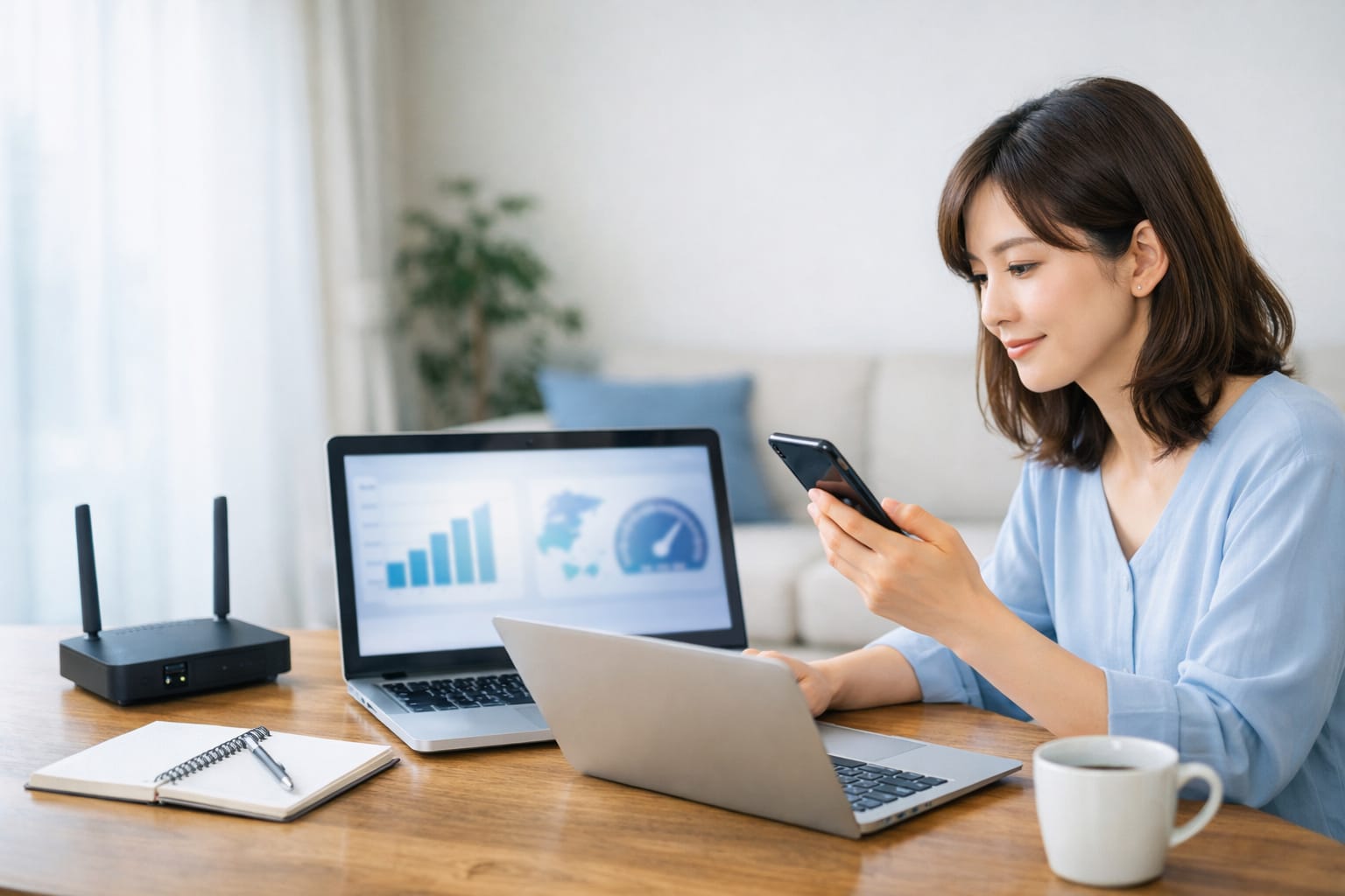 明るいリビングでネット回線を比較する女性