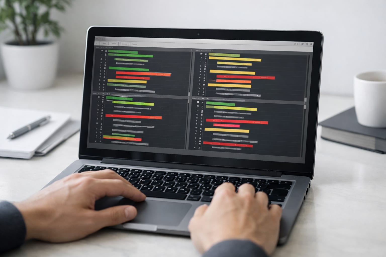 サクラエディタのdiff比較画面をノートPCで確認する作業風景
